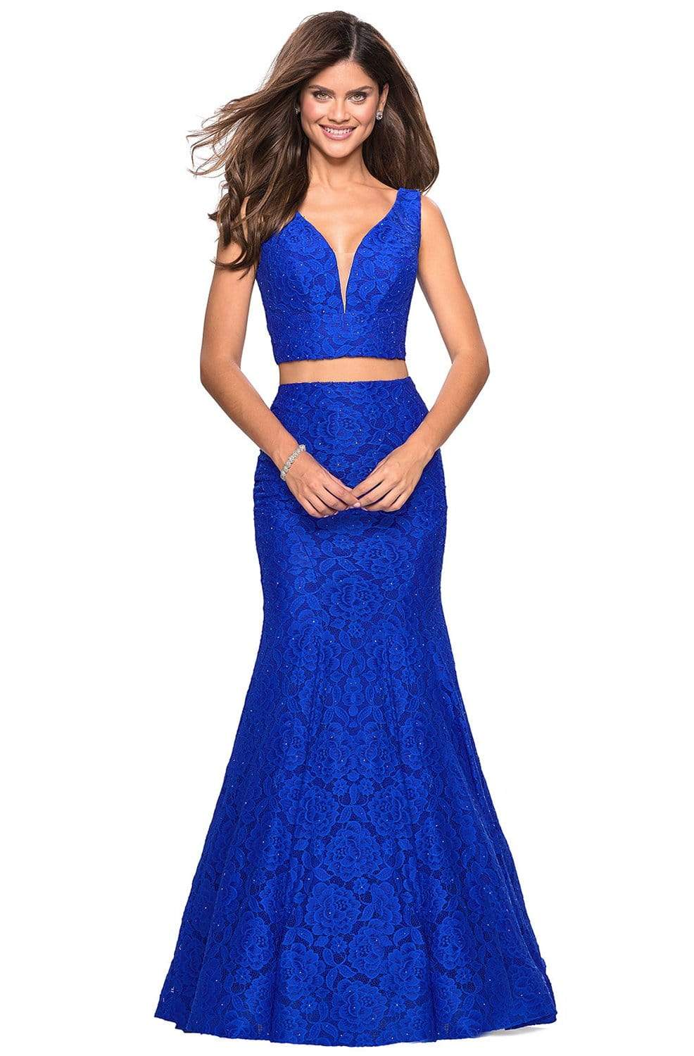 Image of La Femme - 27262 Allover Lace Sleeveless V Neck Two-Piece Mermaid Gown