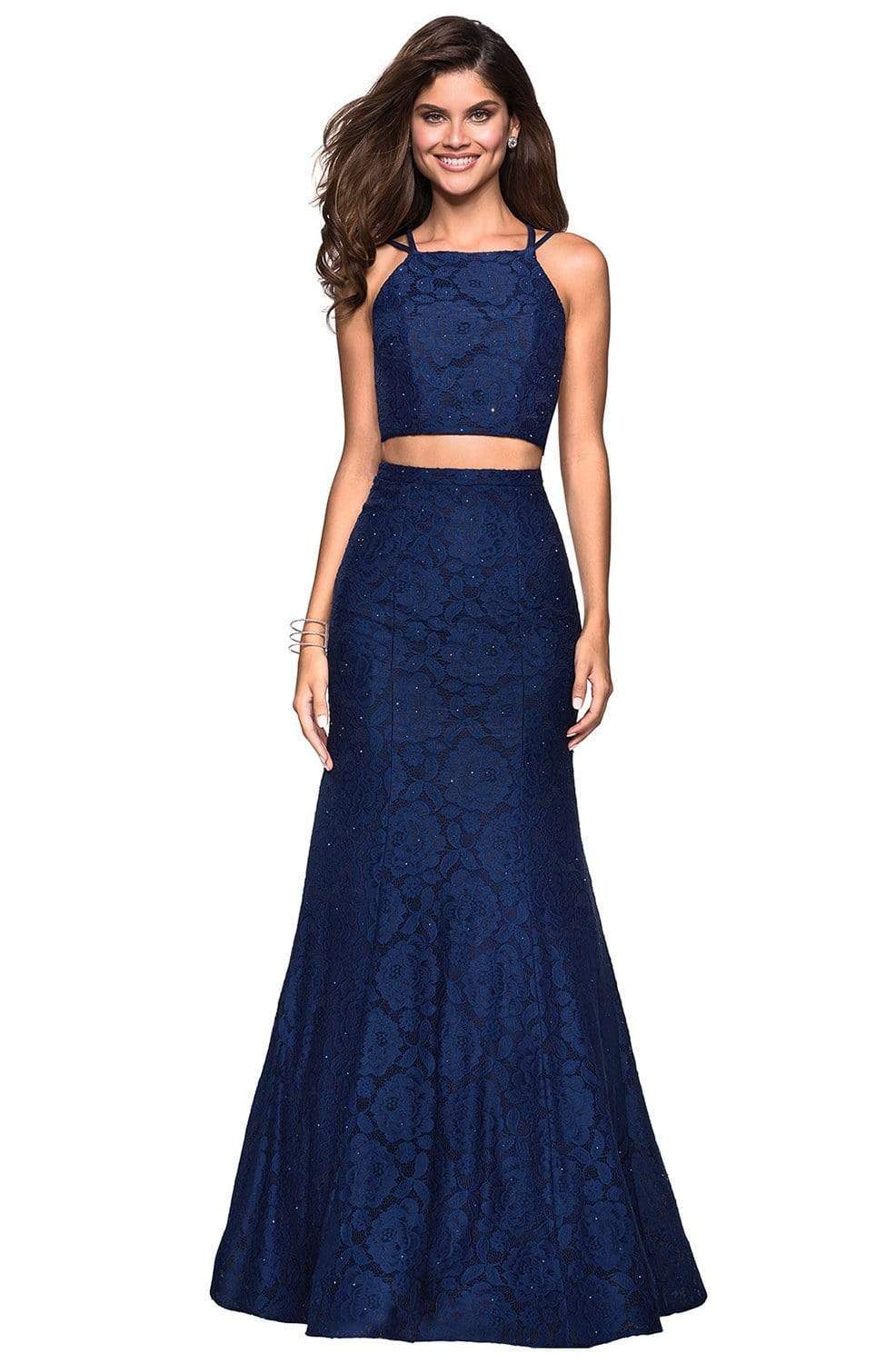 Image of La Femme - 27452 Strappy Two Piece Halter Trumpet Gown