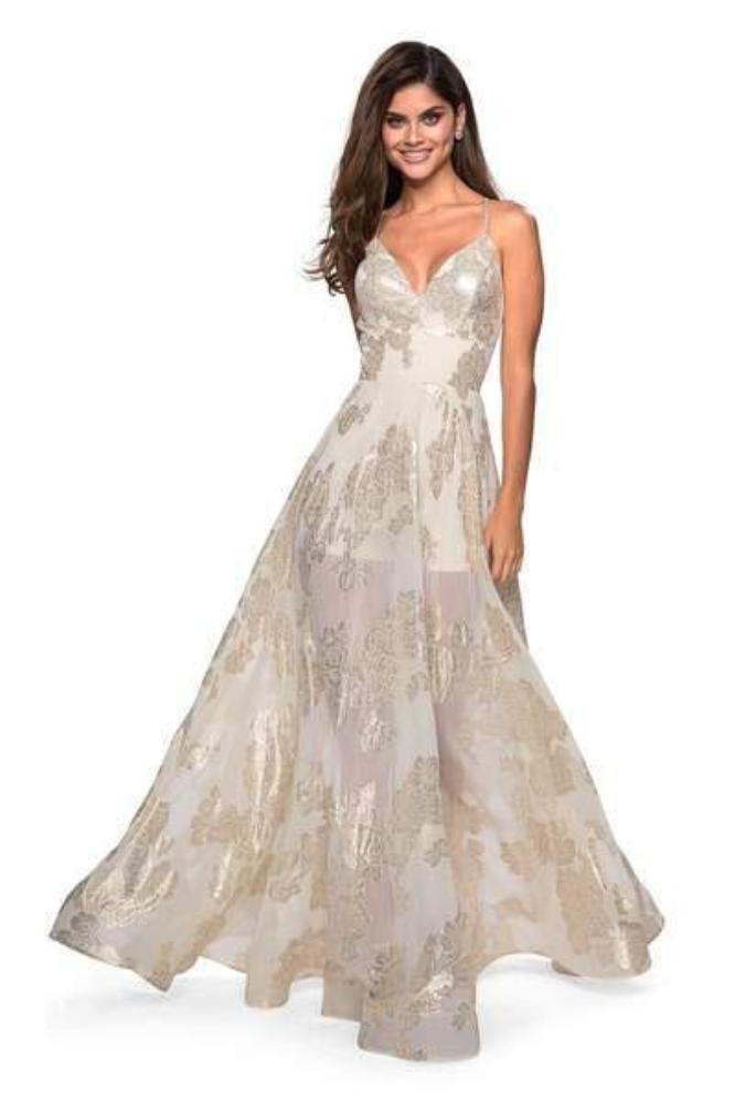 Image of La Femme - 27547 Metallic Floral Plunging V-neck A-line Dress