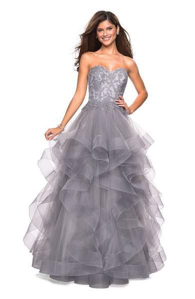 Image of La Femme - 27620 Appliqued Sweetheart Bodice Tiered Tulle Gown