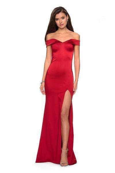 Image of La Femme - 27752 Off Shoulder High Slit Long Fitted Satin Dress