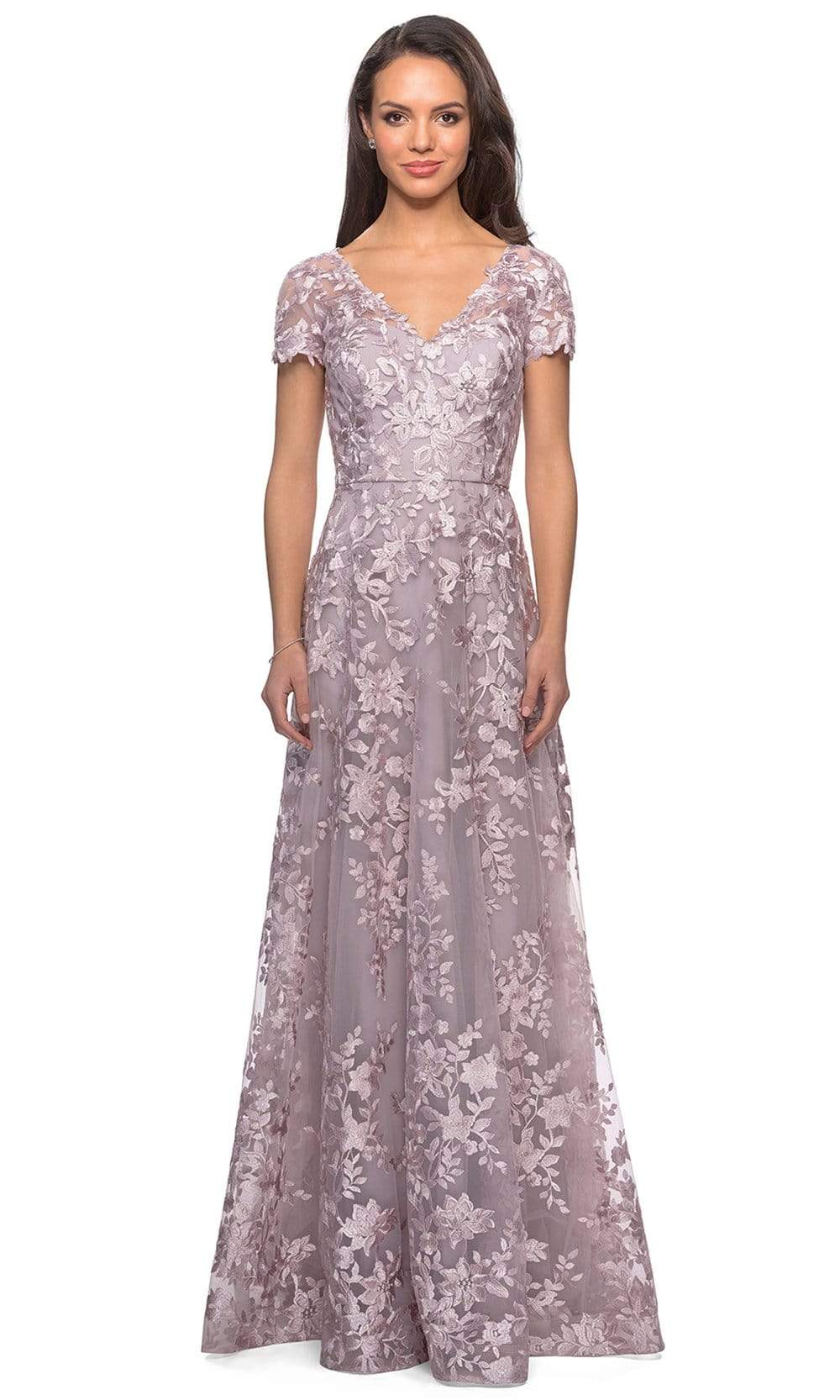 Image of La Femme - 27870 Short Sleeve Lace Overlaid A-Line Dress