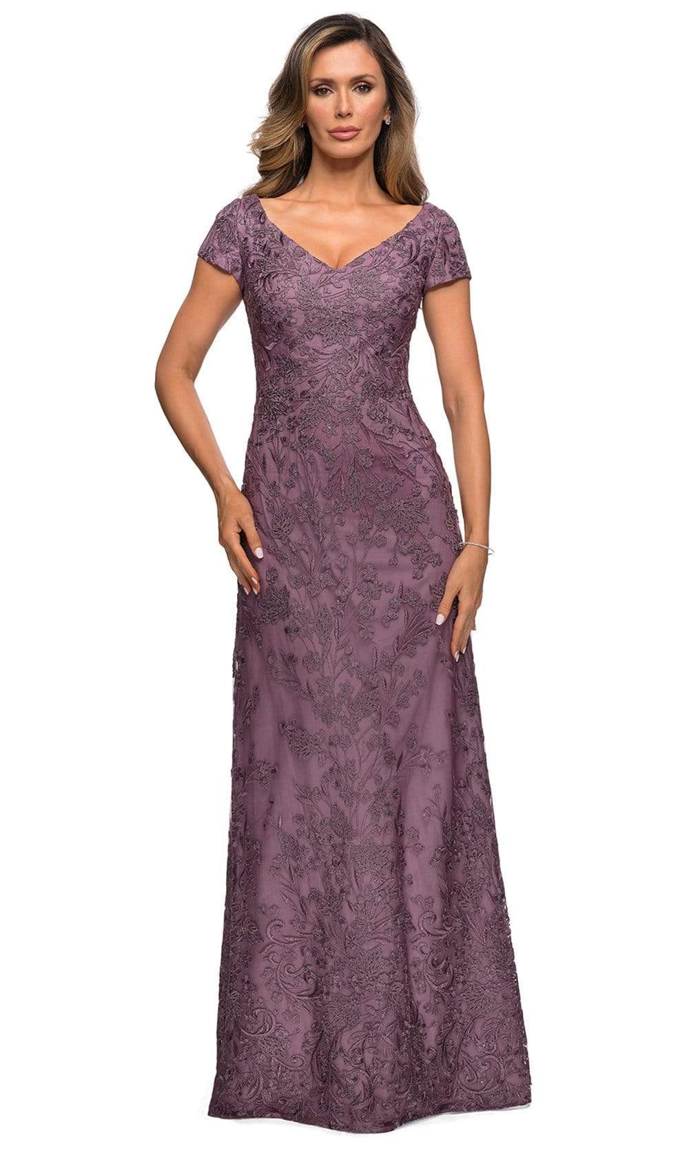 Image of La Femme - 27915 Short Sleeve Floral Embroidered Dress