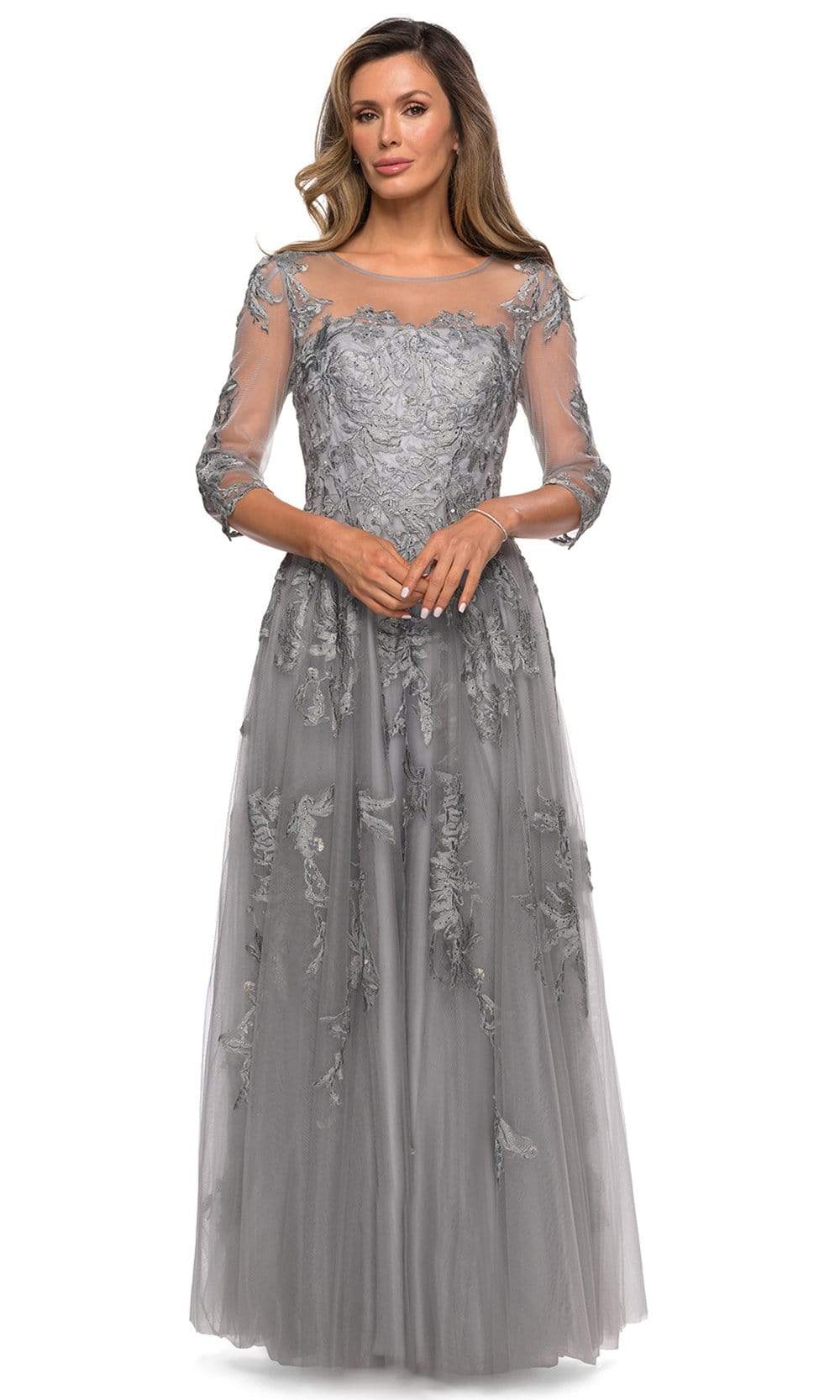Image of La Femme - 27944 Illusion Scoop Lace Appliqued Dress