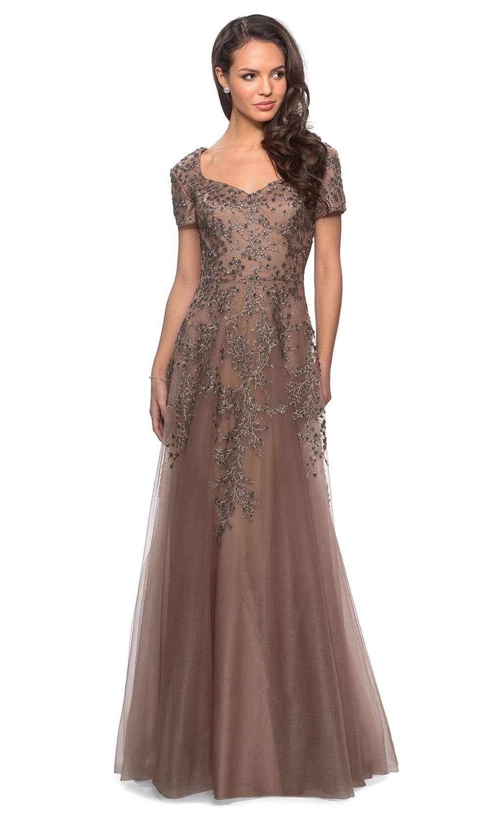 Image of La Femme - 28037 Short Sleeve Beaded Appliqued Lace Dress