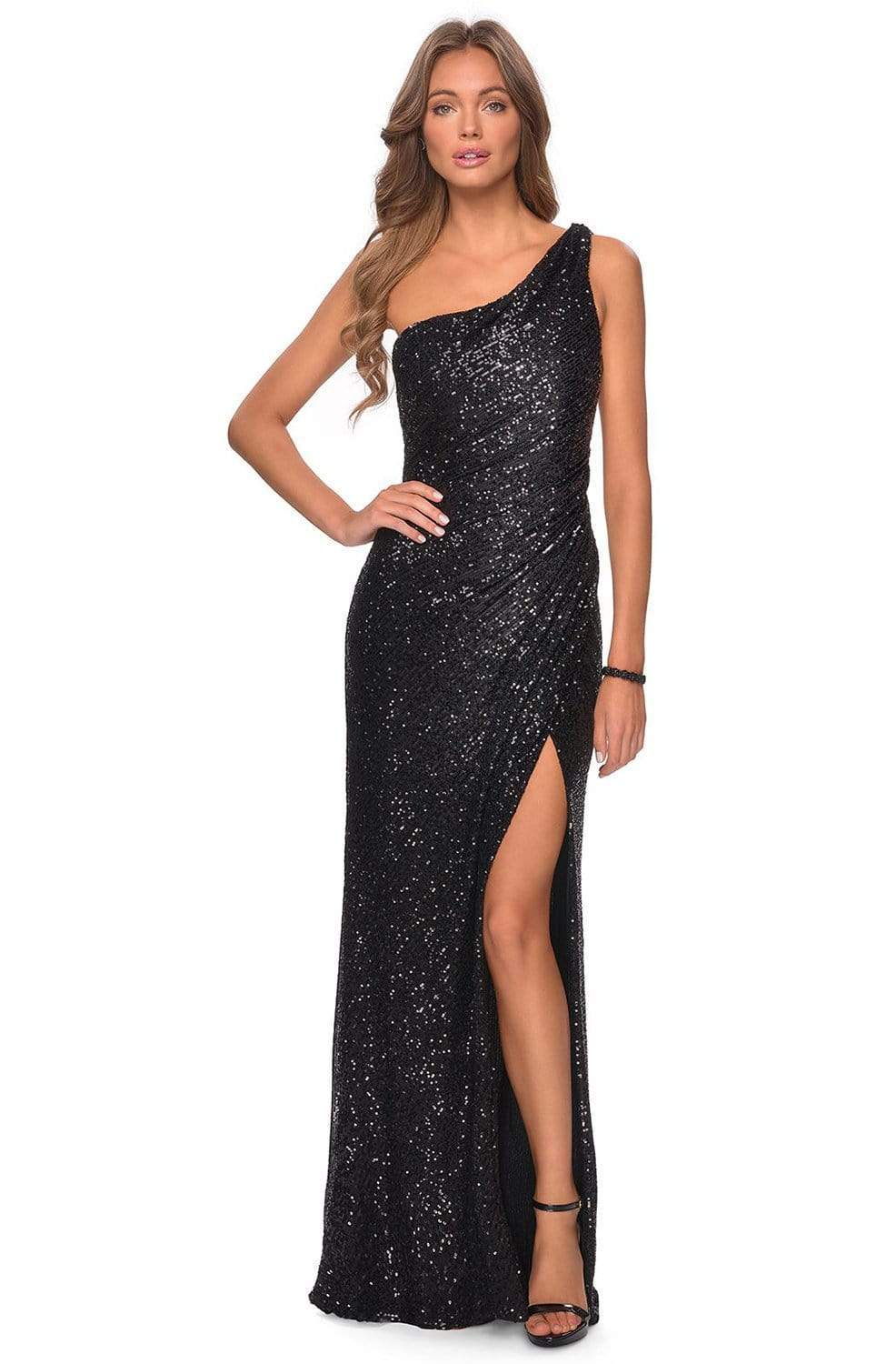 Image of La Femme - 28401 Asymmetrical Textured Sequined Dress with Slit