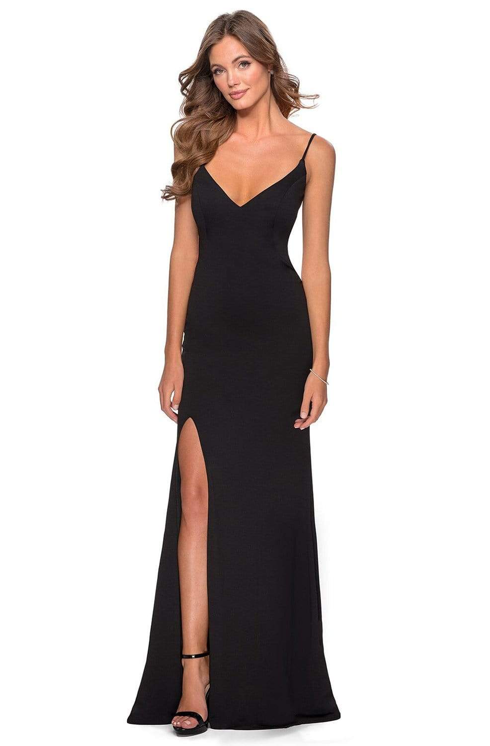Image of La Femme - 28567 Deep V-Neck Sheath Simple Prom Gown with Slit