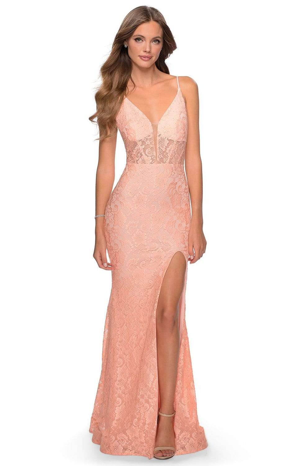 Image of La Femme - 28591 Lace Deep V-neck Junior Prom Dress