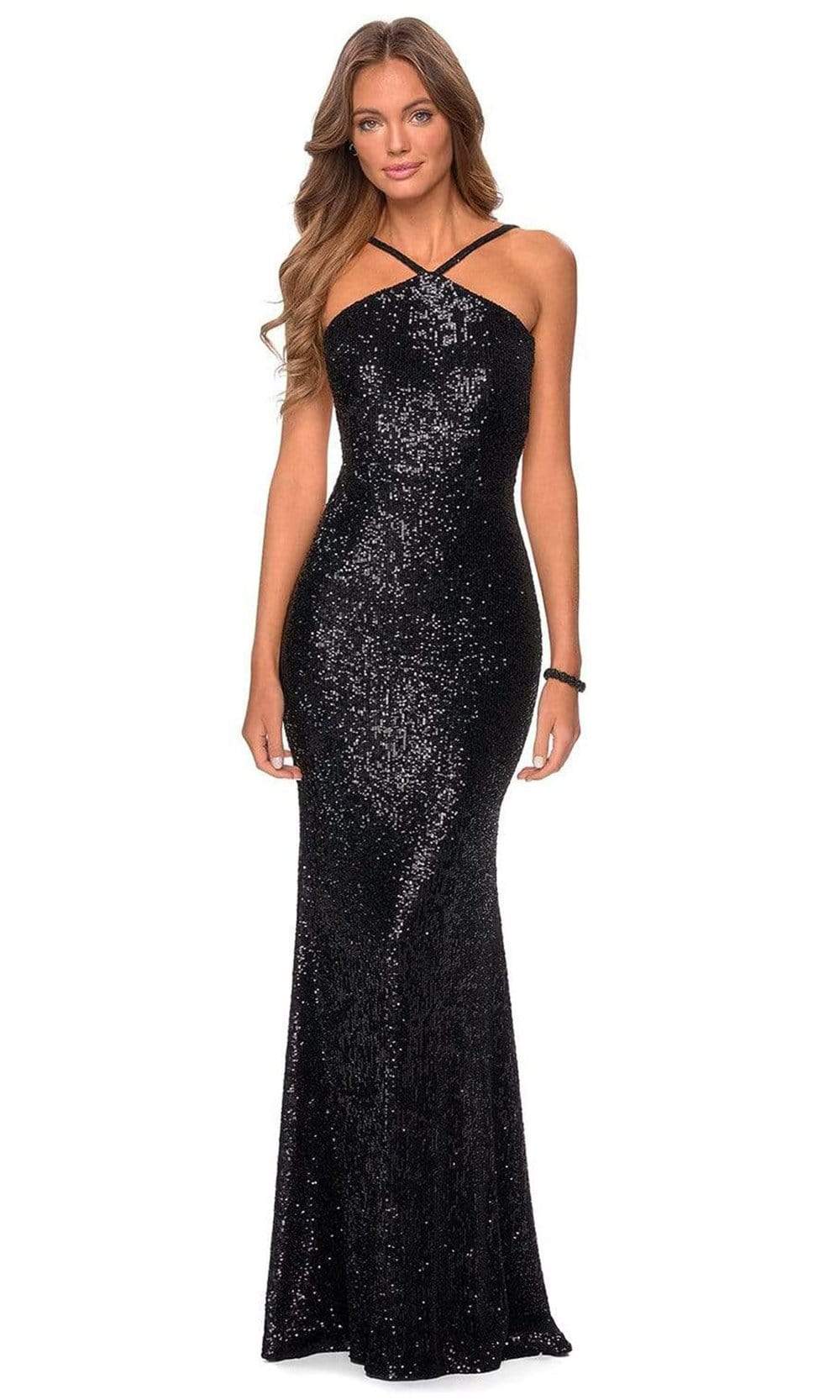 Image of La Femme - 28650 Backless Pyramid Neck Sequin Evening Gown