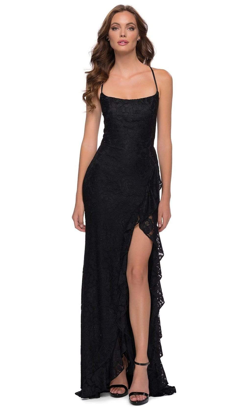 Image of La Femme - 29650 Crisscross Strapped Open Back Ruffle Slit Lace Gown