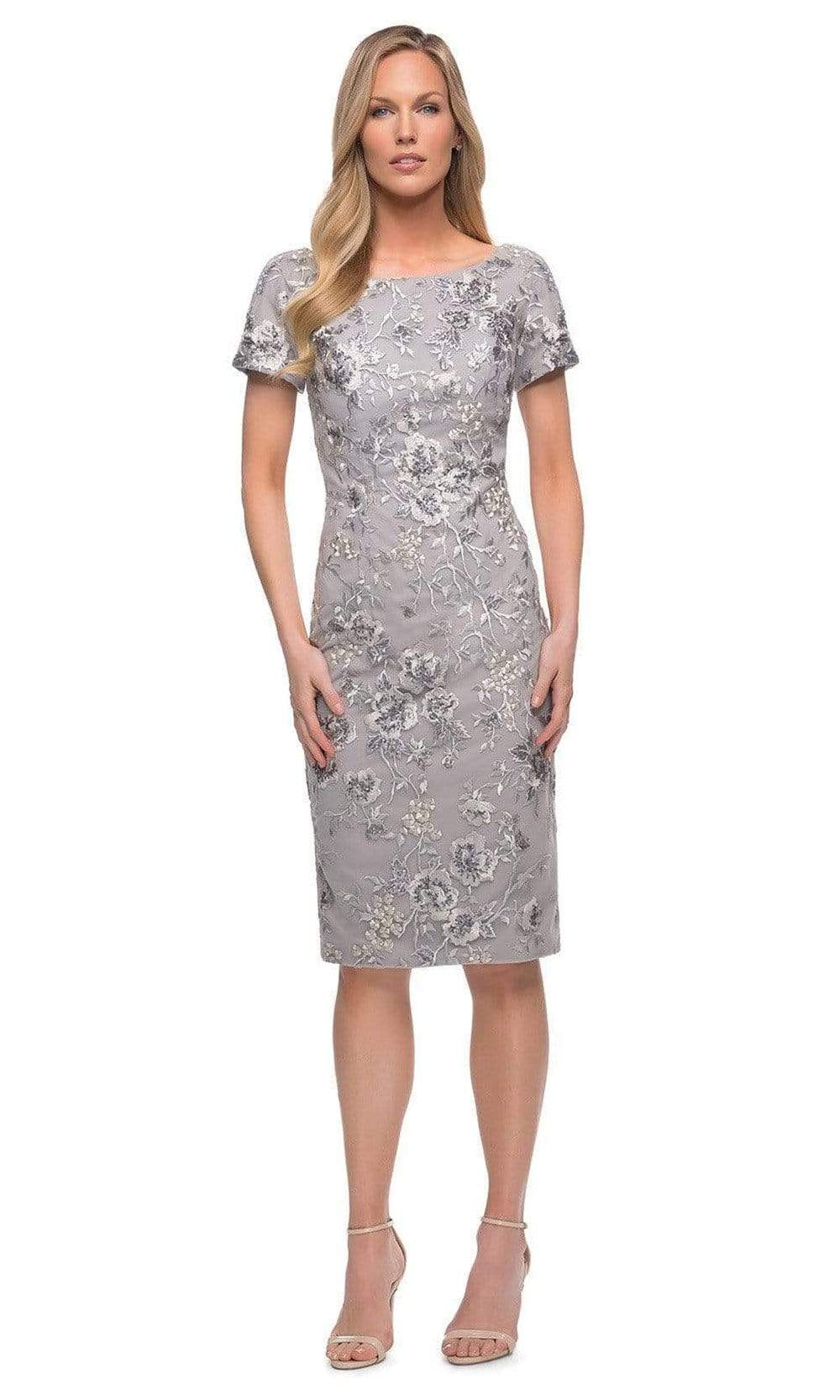 Image of La Femme - 29824 Short Sleeve Floral Embroidered Midi Dress