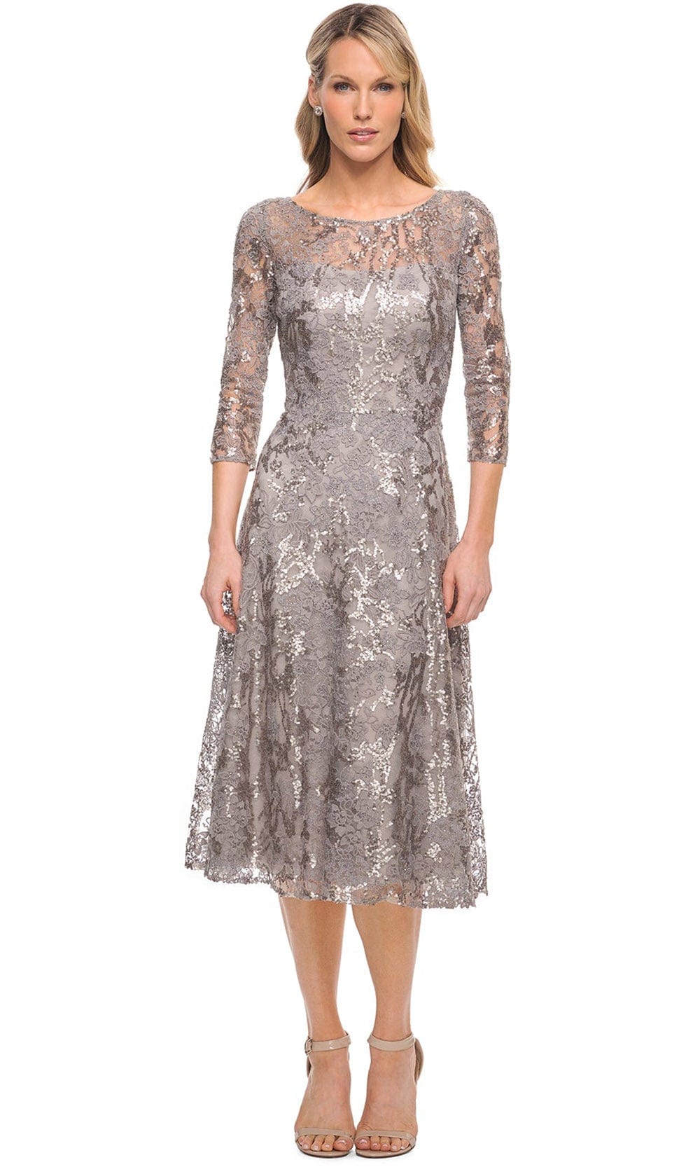Image of La Femme 29993 - Sparkly Embroidered Tea Length Dress