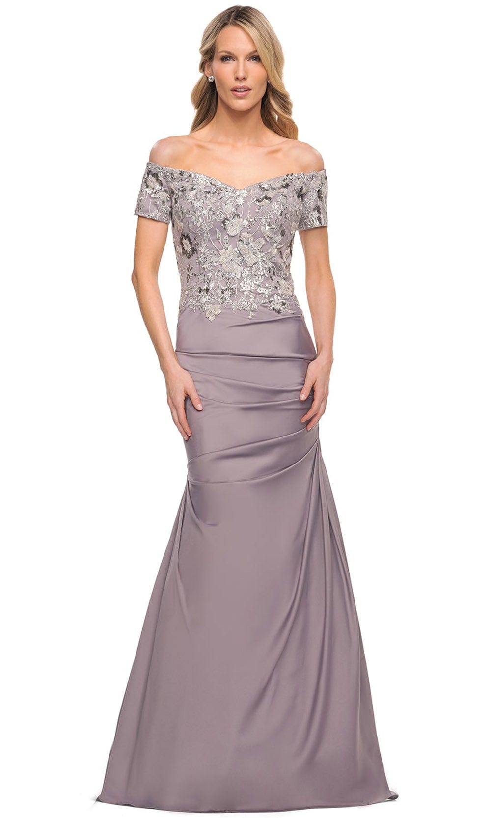 Image of La Femme 30045 - Off-Shoulder Embroidered Dress