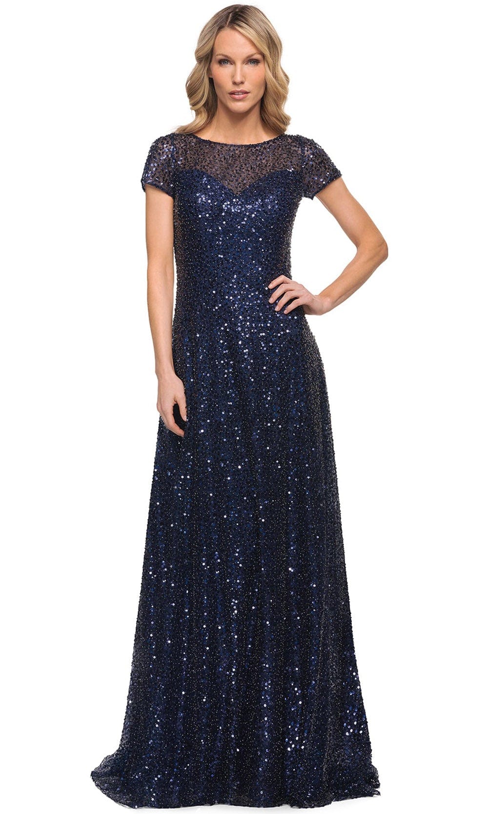 Image of La Femme 30122 - Glimmering Short Sleeve Beaded Gown