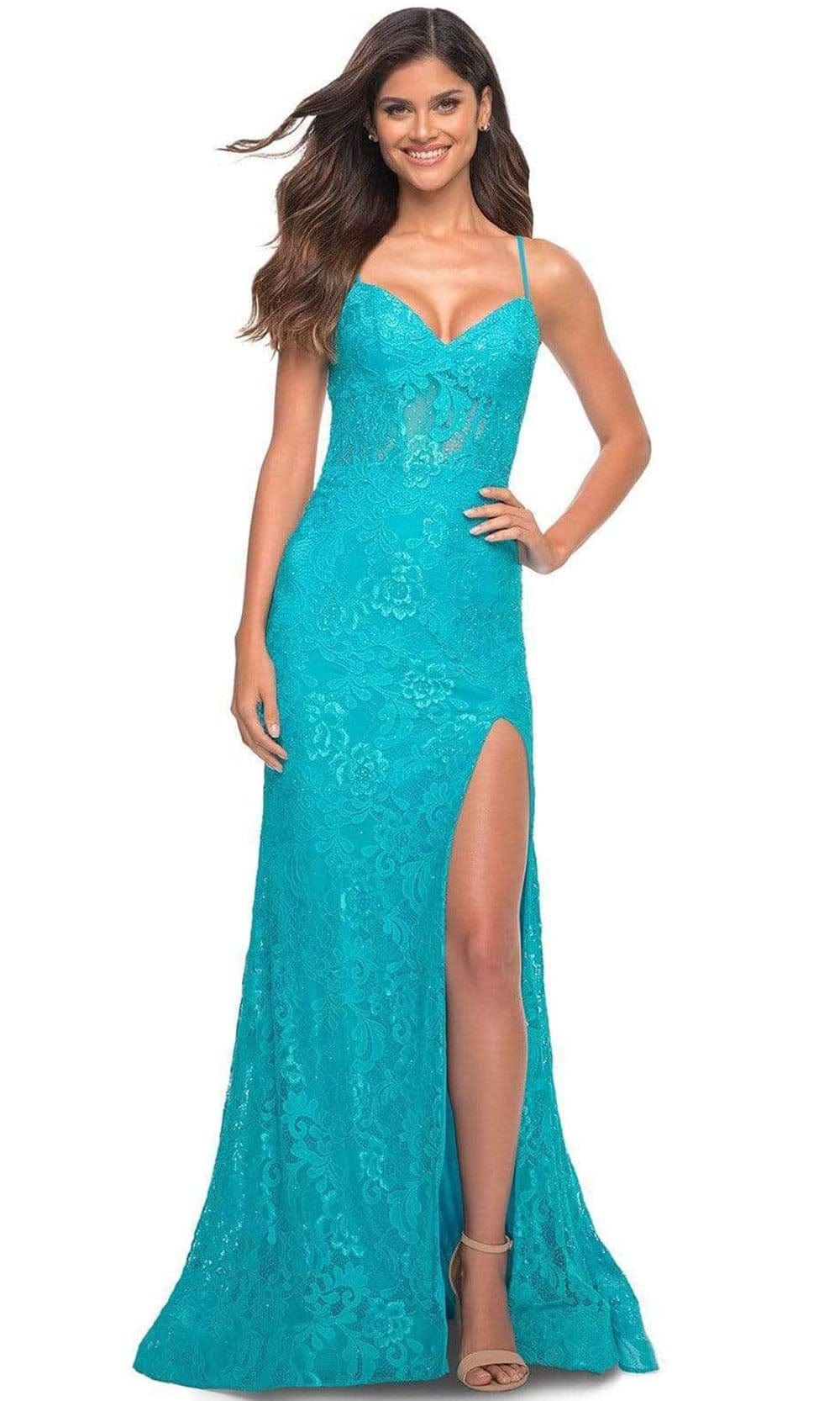 Image of La Femme - 30171 Deep V-Neck Embroidered Gown