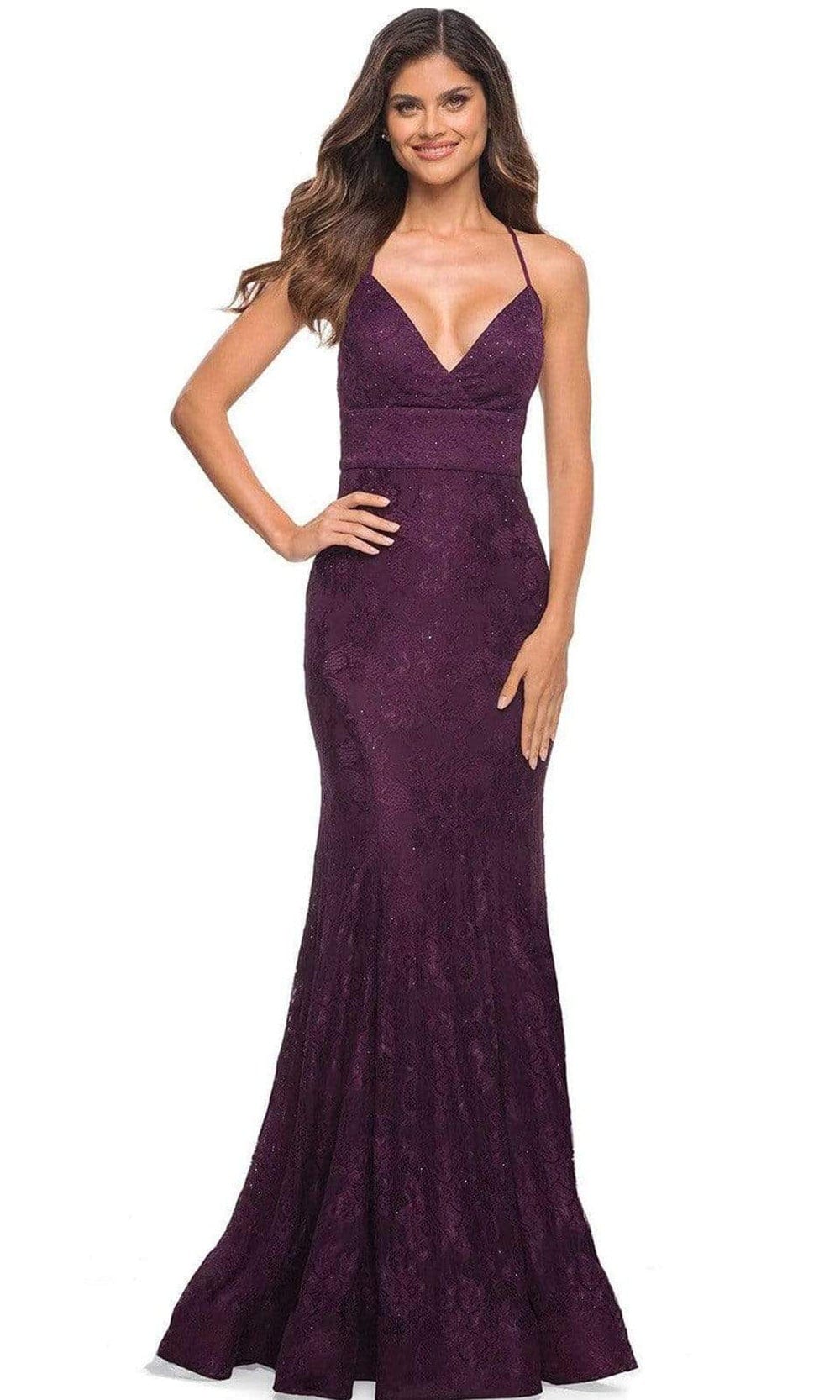 Image of La Femme - 30442 Floral Lace Strappy Sheath Gown