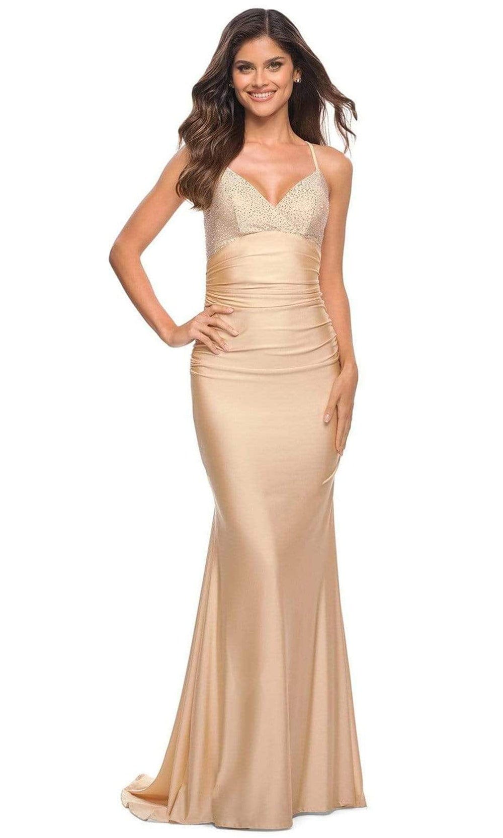 Image of La Femme - 30503 V-Neck Ruched Trumpet Gown