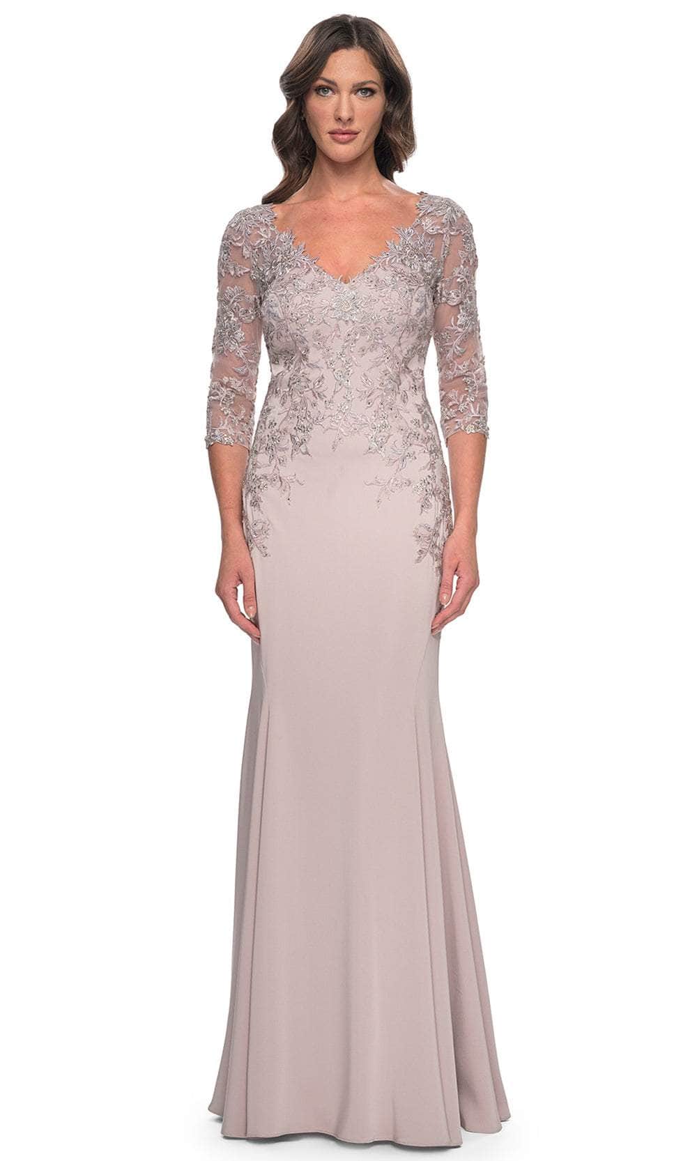 Image of La Femme 31194 - Lace Applique Quarter Sleeve Evening Gown