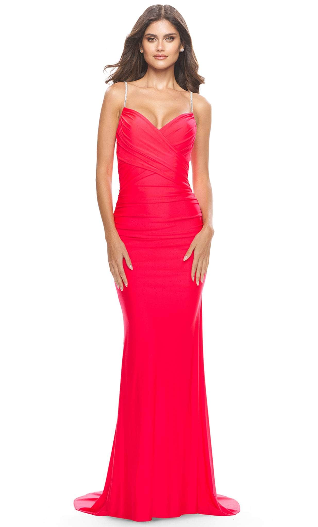 Image of La Femme 31222 - Jeweled Criss Cross Ruched Jersey Dress