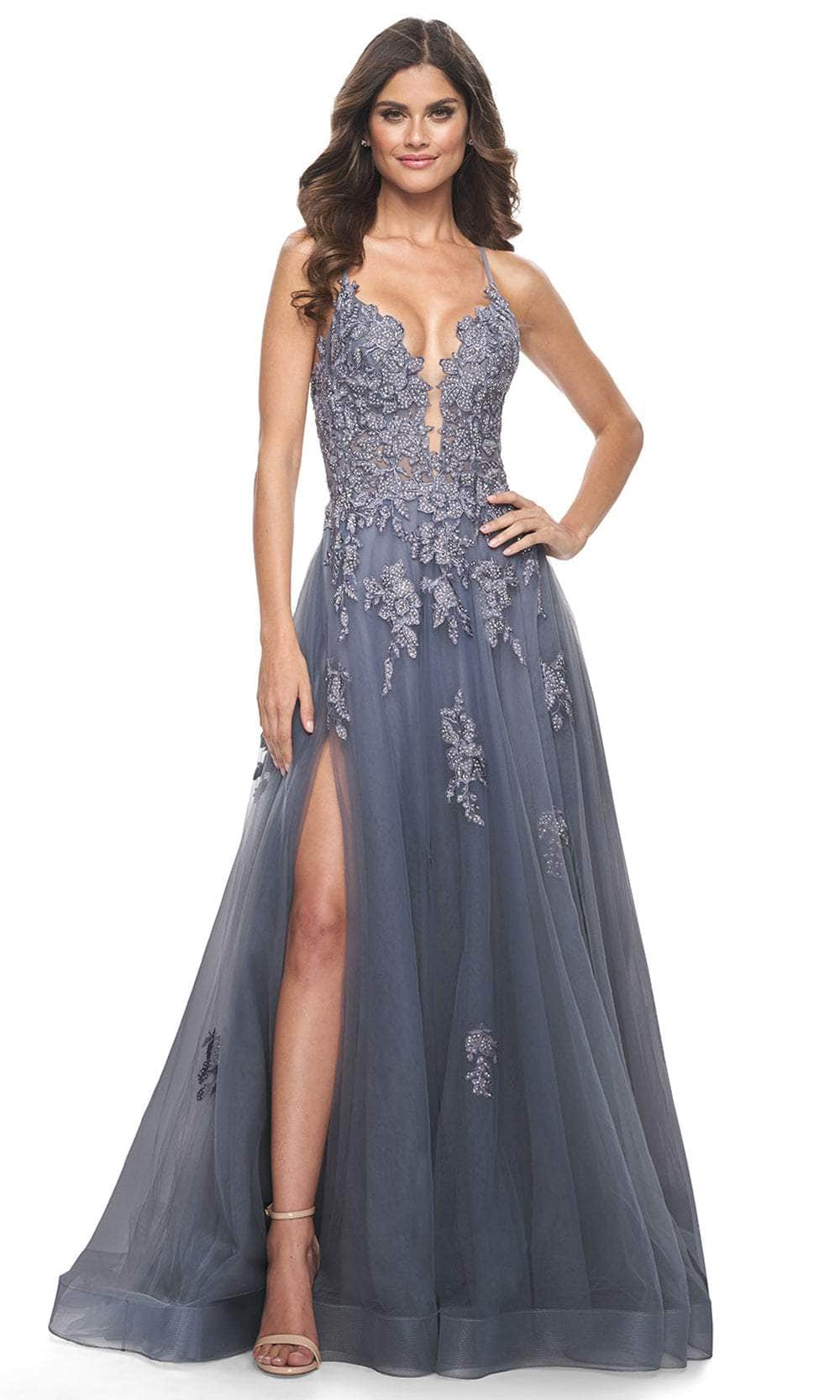 Image of La Femme 31472 - Beaded Appliqued Plunging Prom Gown