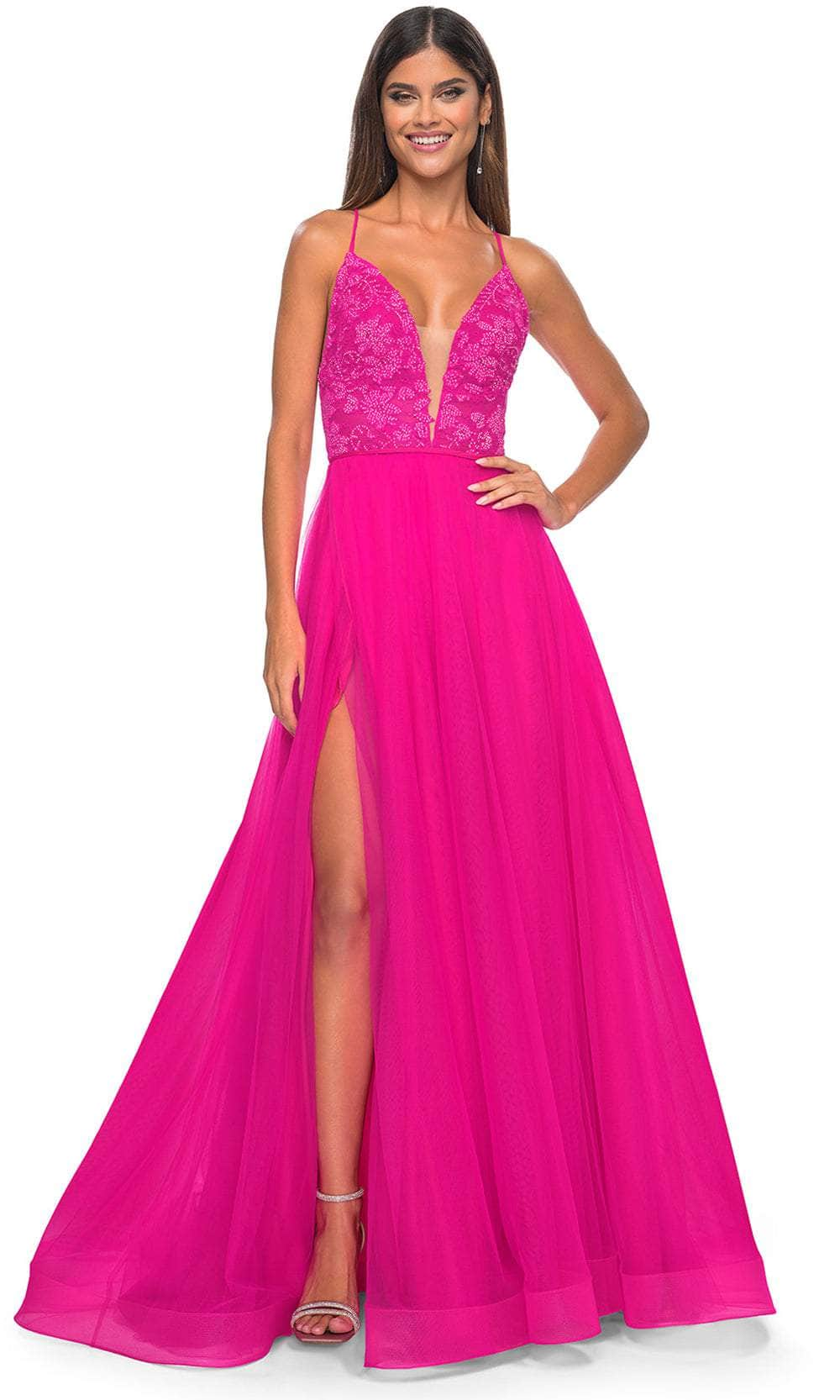 Image of La Femme 32059 - Plunging Applique Prom Dress