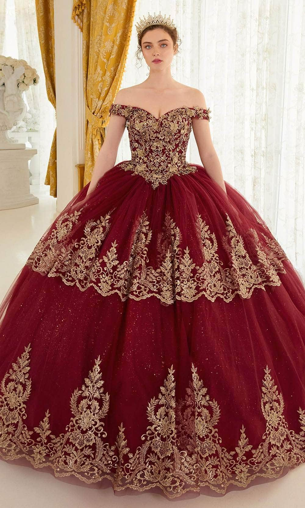 Image of Ladivine 15705 - Off-Shoulder Gold Lace Applique Ballgown