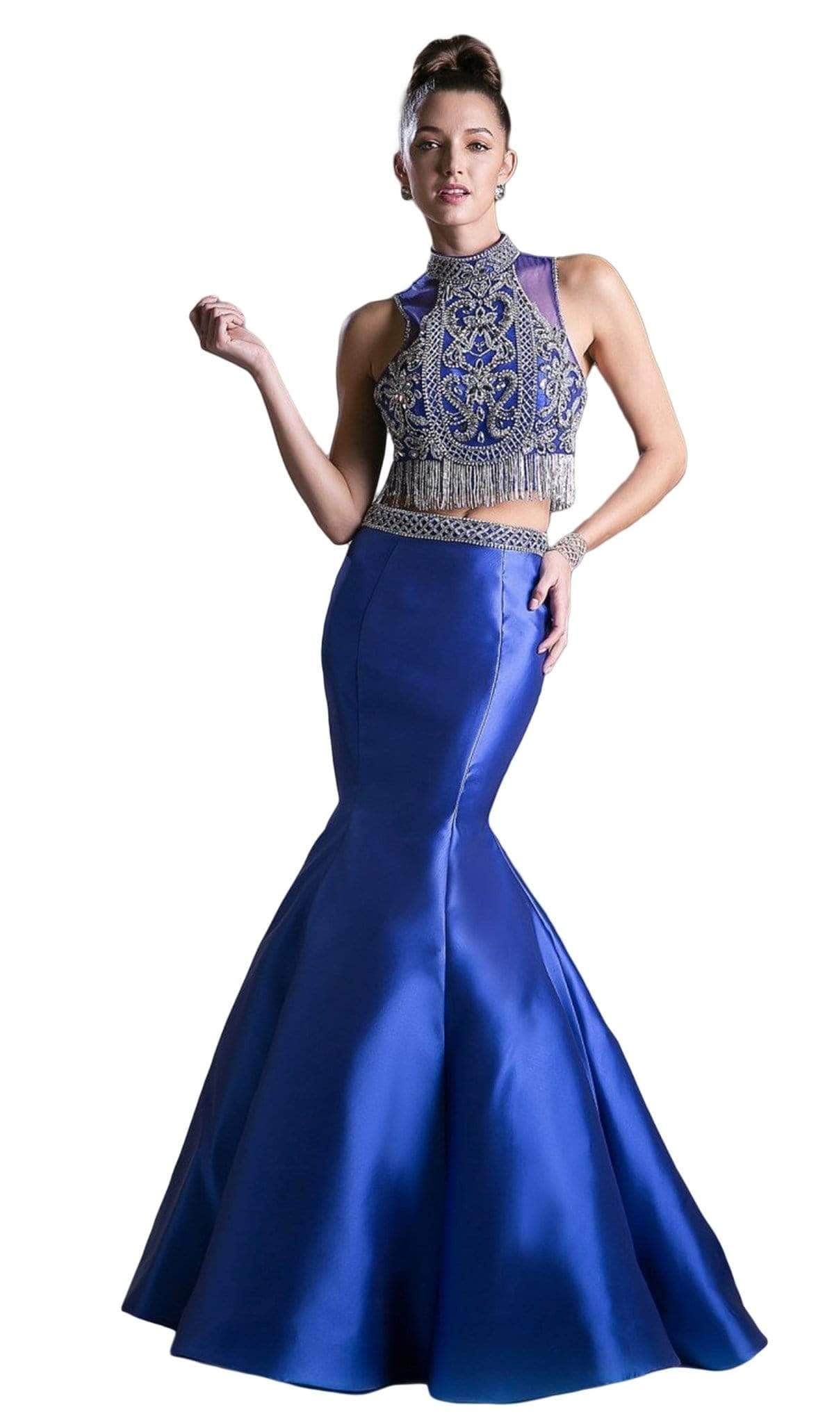 Image of Ladivine 84016 - Beaded Two-Piece High Halter Mermaid Gown