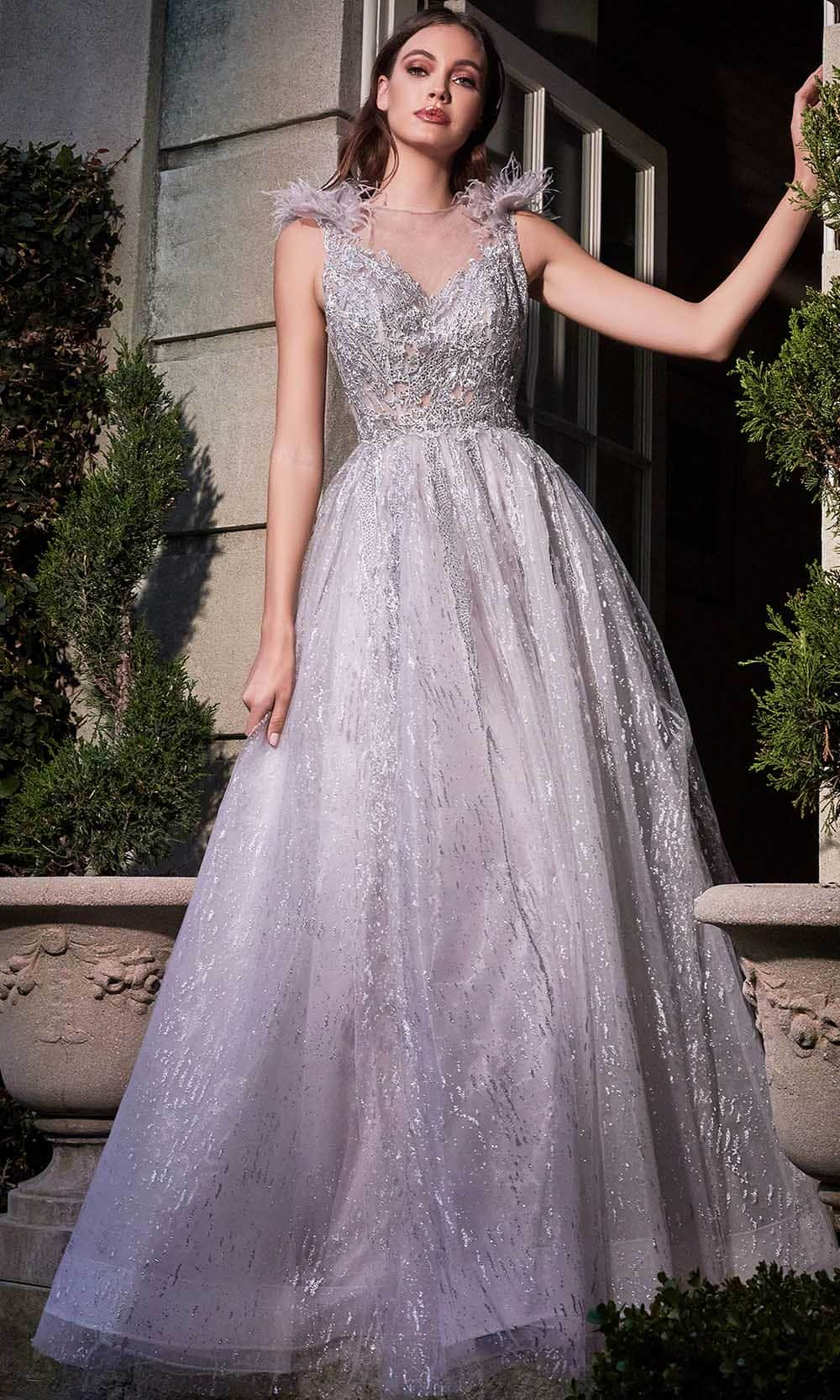 Image of Ladivine B704 - Feather Layered Jewel Neck Evening Dress