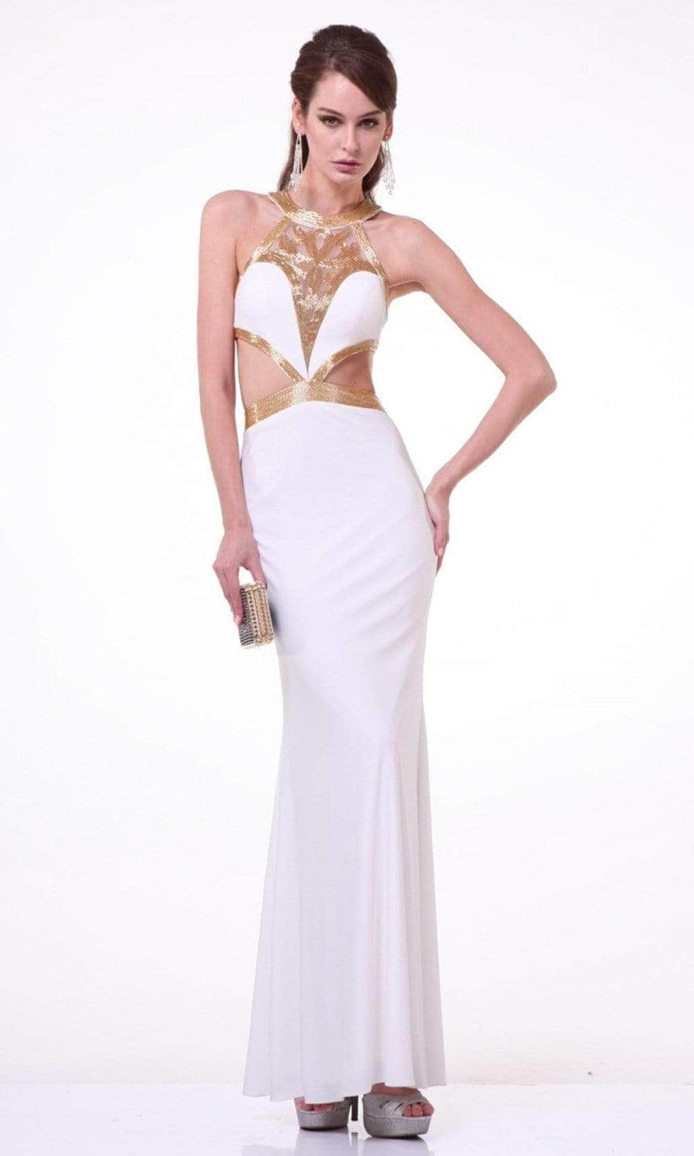 Image of Ladivine J735 - Beaded Halter Midriff Cutout Long Dress