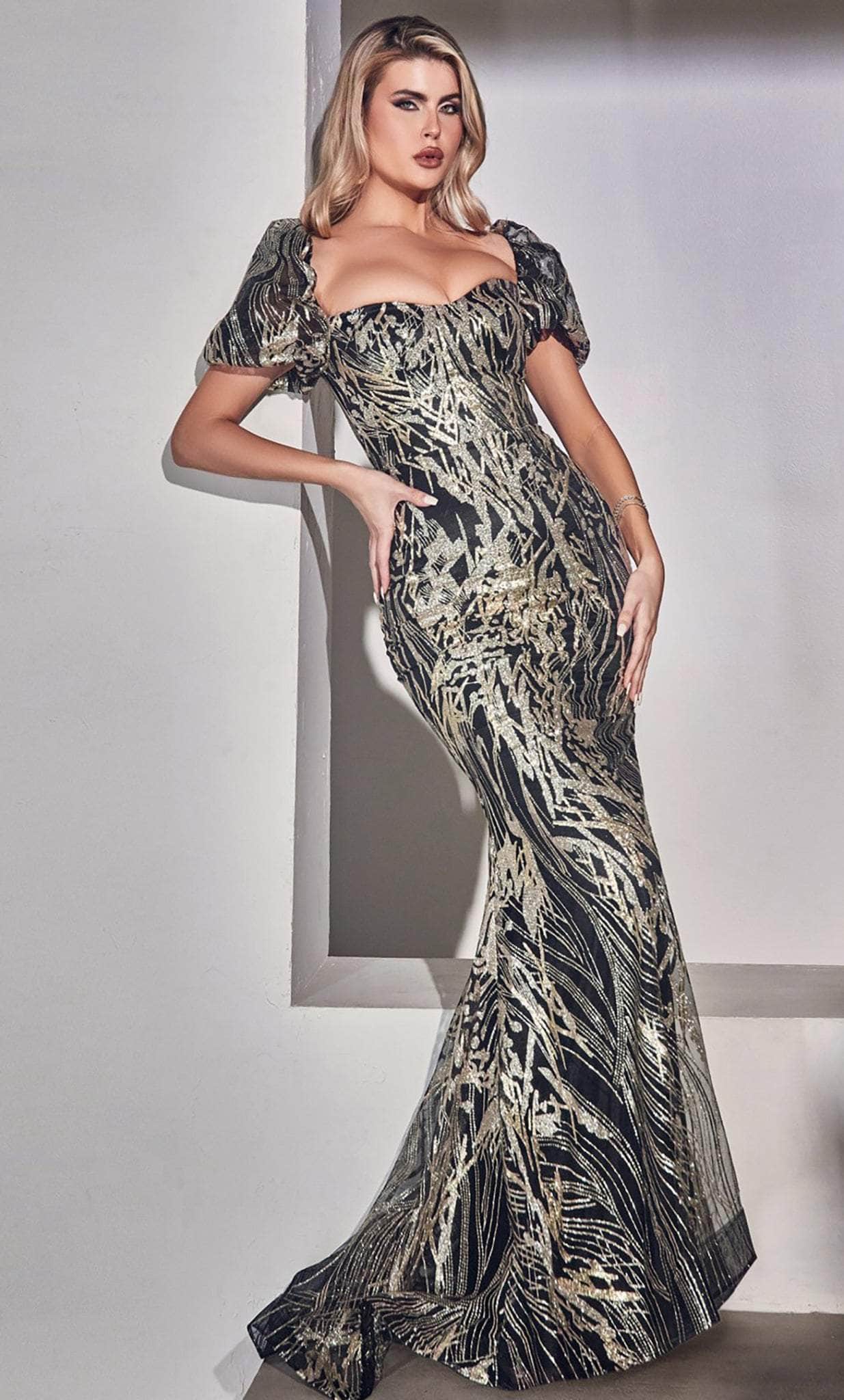Image of Ladivine J833 - Puff Sleeve Glitter Evening Gown