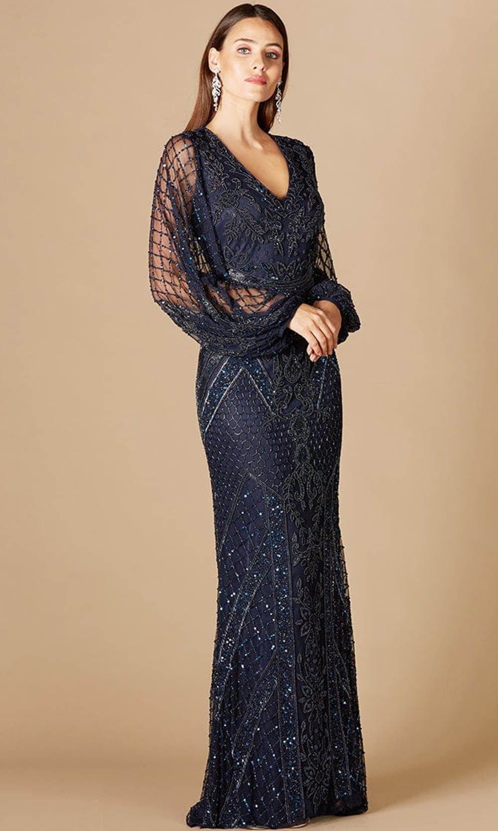 Image of Lara Dresses 29366 - Long Sleeve Fringed Beads Formal Dress