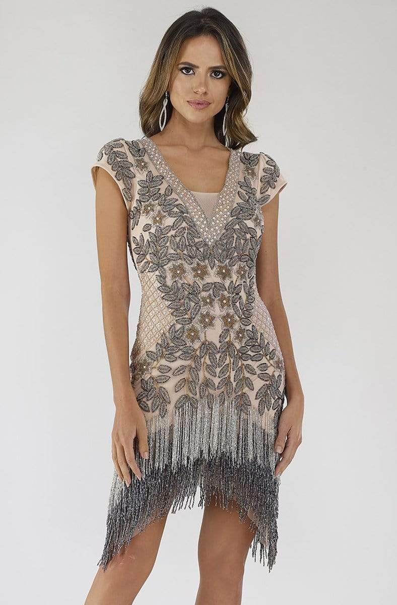 Image of Lara Dresses - 29609 Floral Deep V Neck Fringe Cocktail Dress