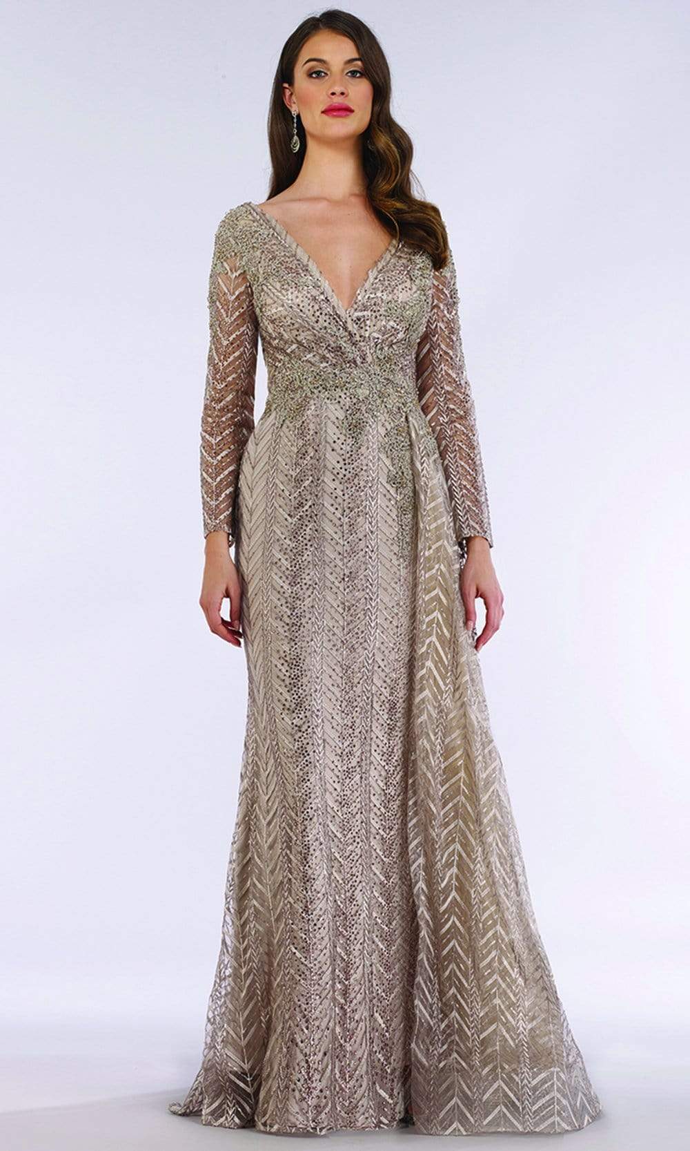 Image of Lara Dresses - 29620 Trimmed V Neck Long Sleeve Adorned Evening Gown