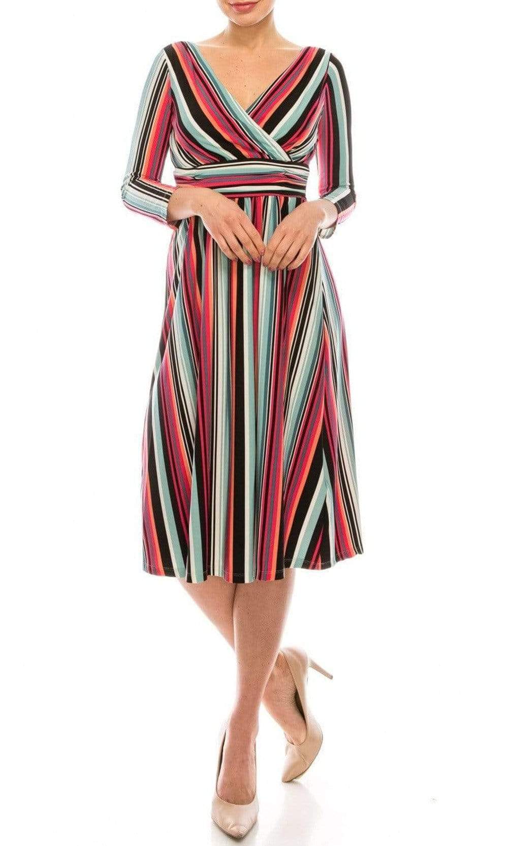 Image of London Times - T4898M Stripes V Neck A-Line Dress