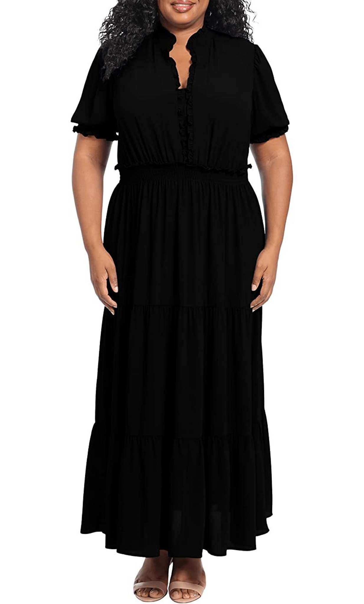 Image of London Times T6184M - Puff Sleeve Tiered Formal Dress