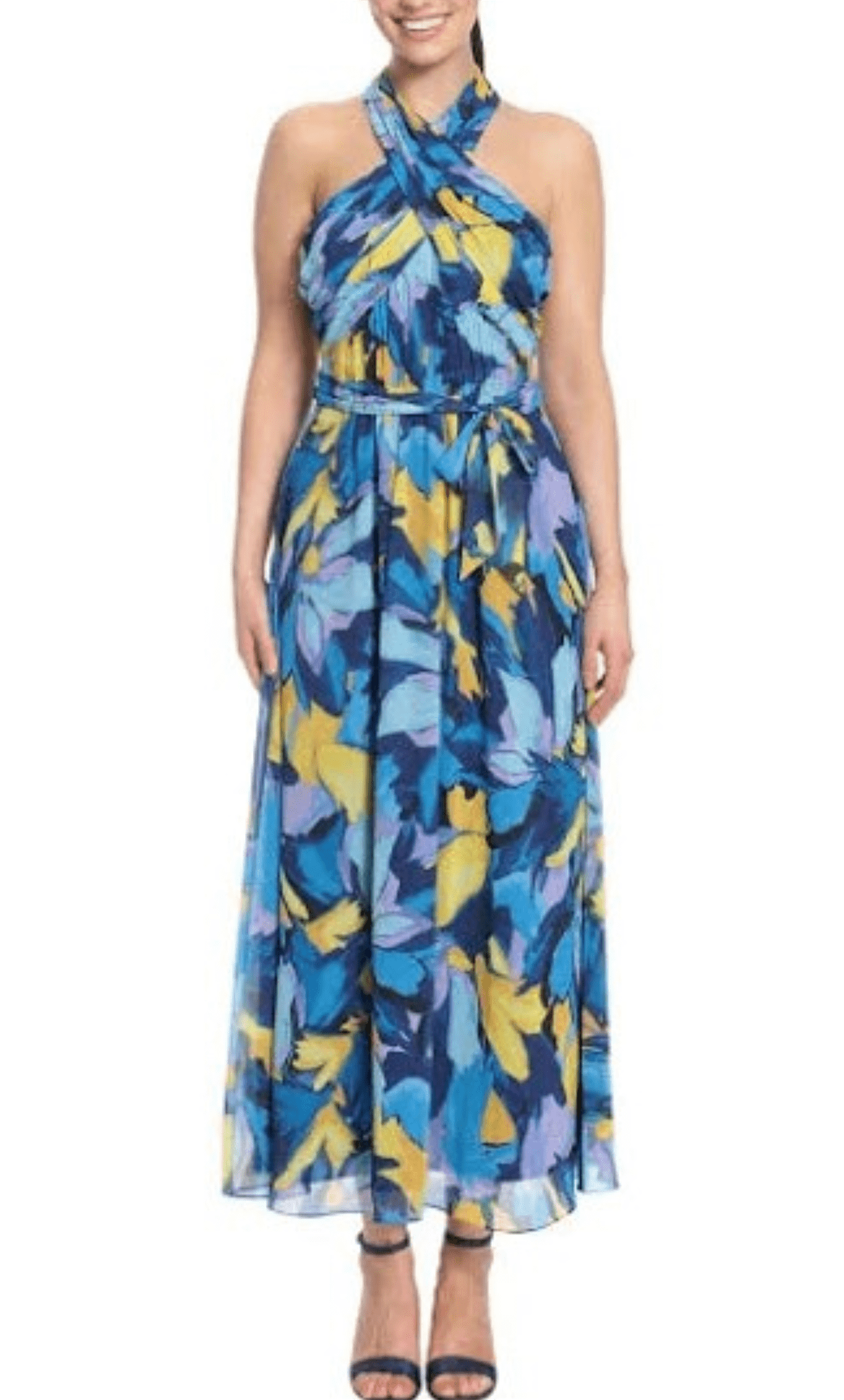 Image of London Times T6226M - Crisscross Halter A-Line Maxi Dress