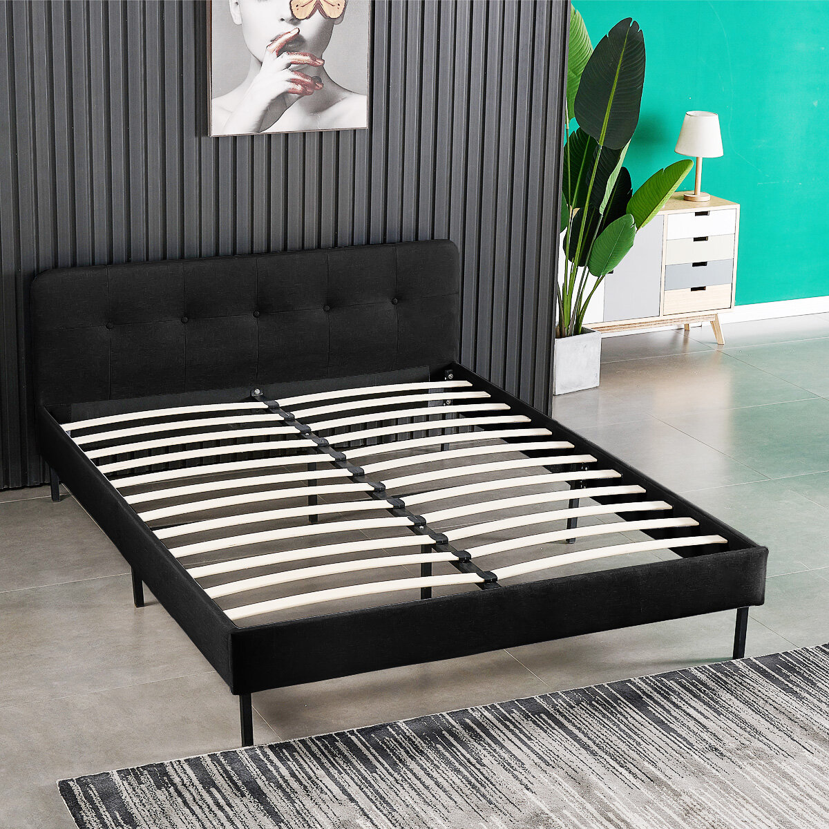 Image of Lusimo Metal Wood Upholstered Platform Bed Queen Size Frame Panel Headboard No Box Spring Needed Easy Installation 83x63