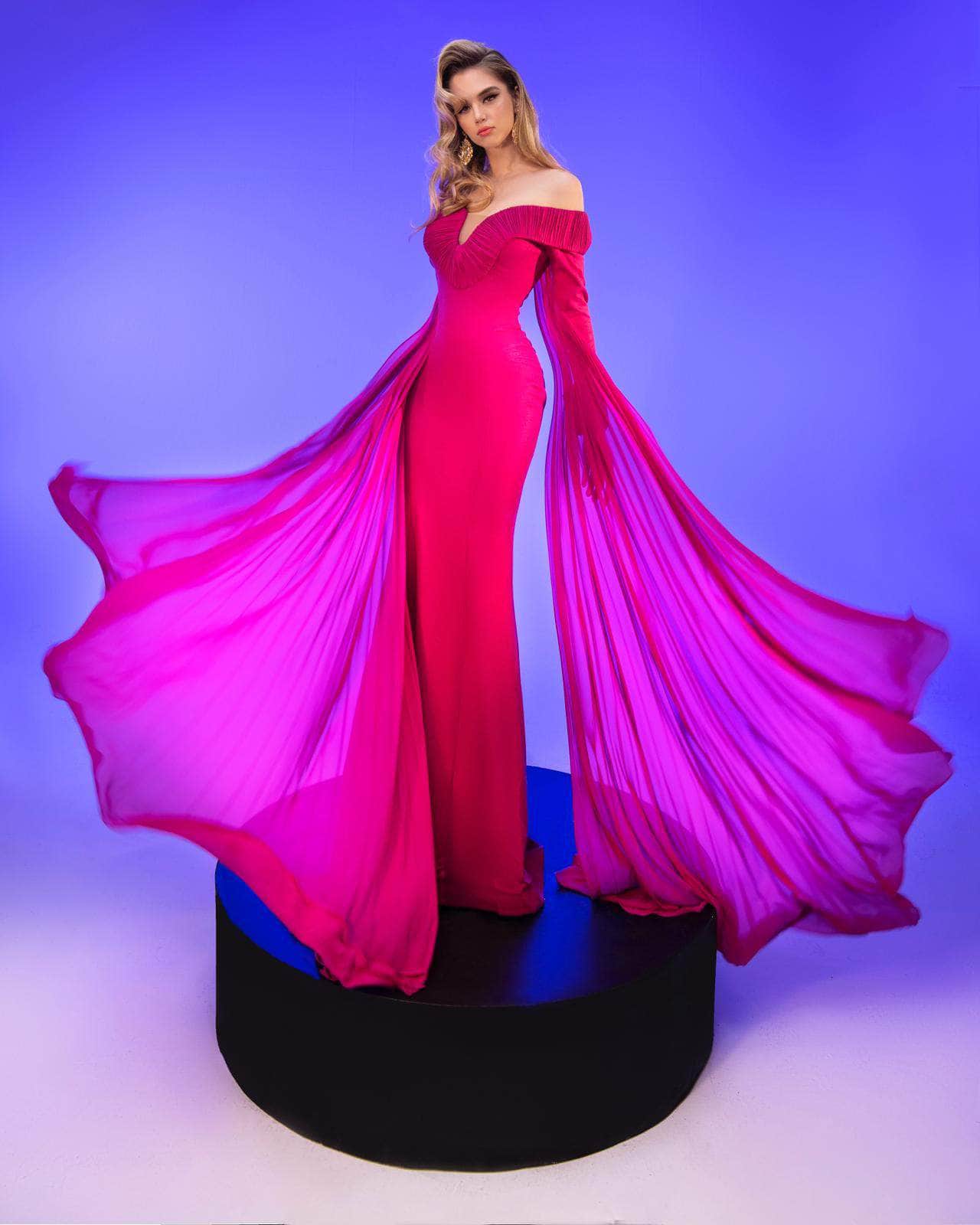 Image of MNM Couture 2793 - Off Shoulder Split Cape Gown