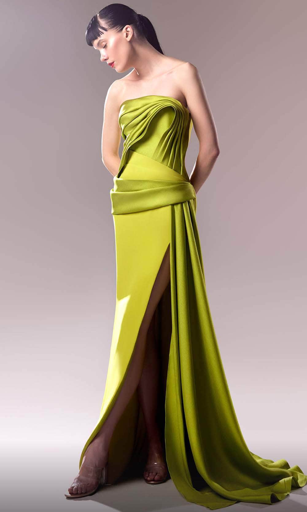 Image of MNM Couture G1617 - Pleat Ornate Evening Dress with Slit