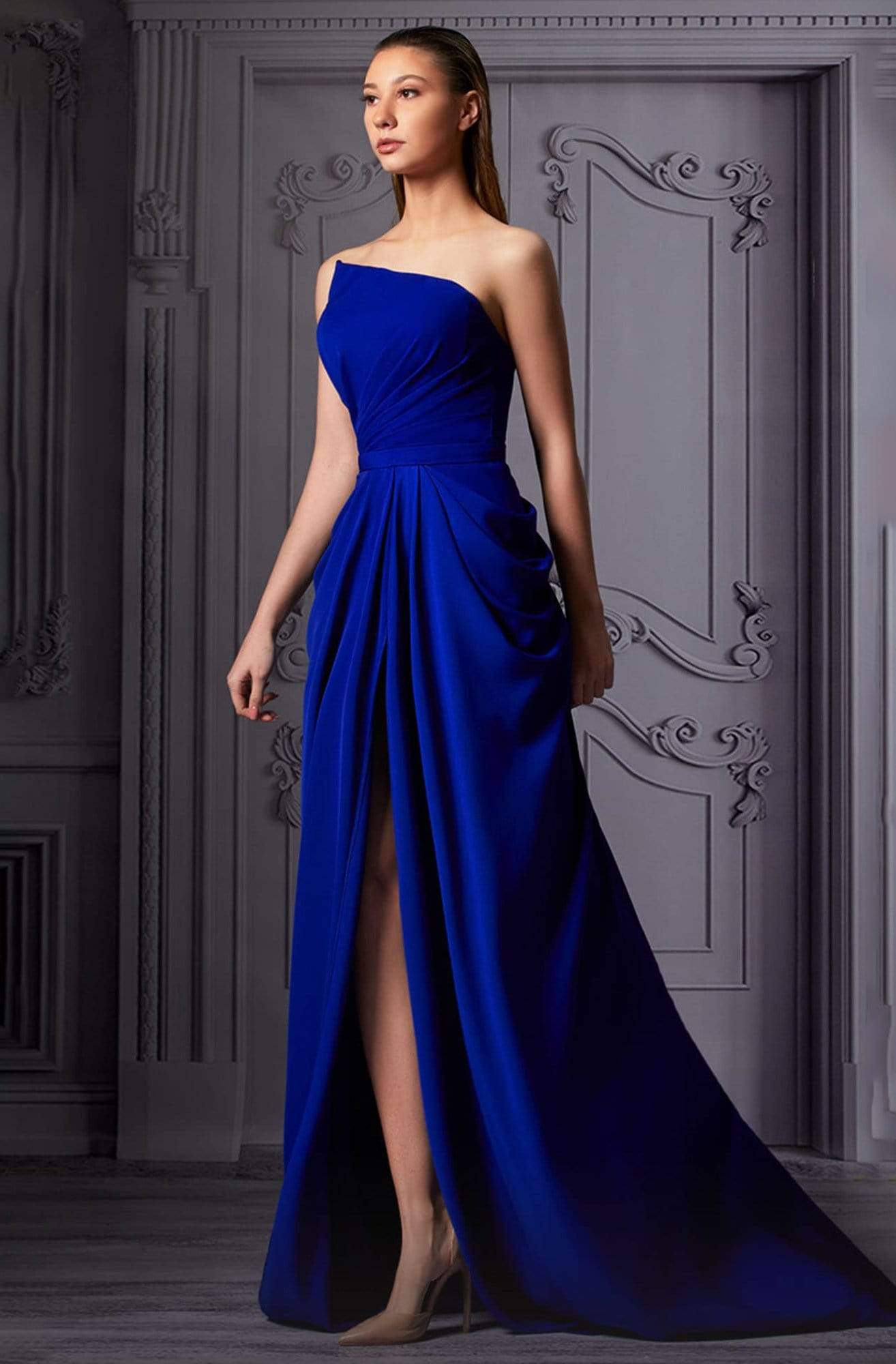 Image of MNM Couture - K3854 Ruched Asymmetrical Sheath Dress