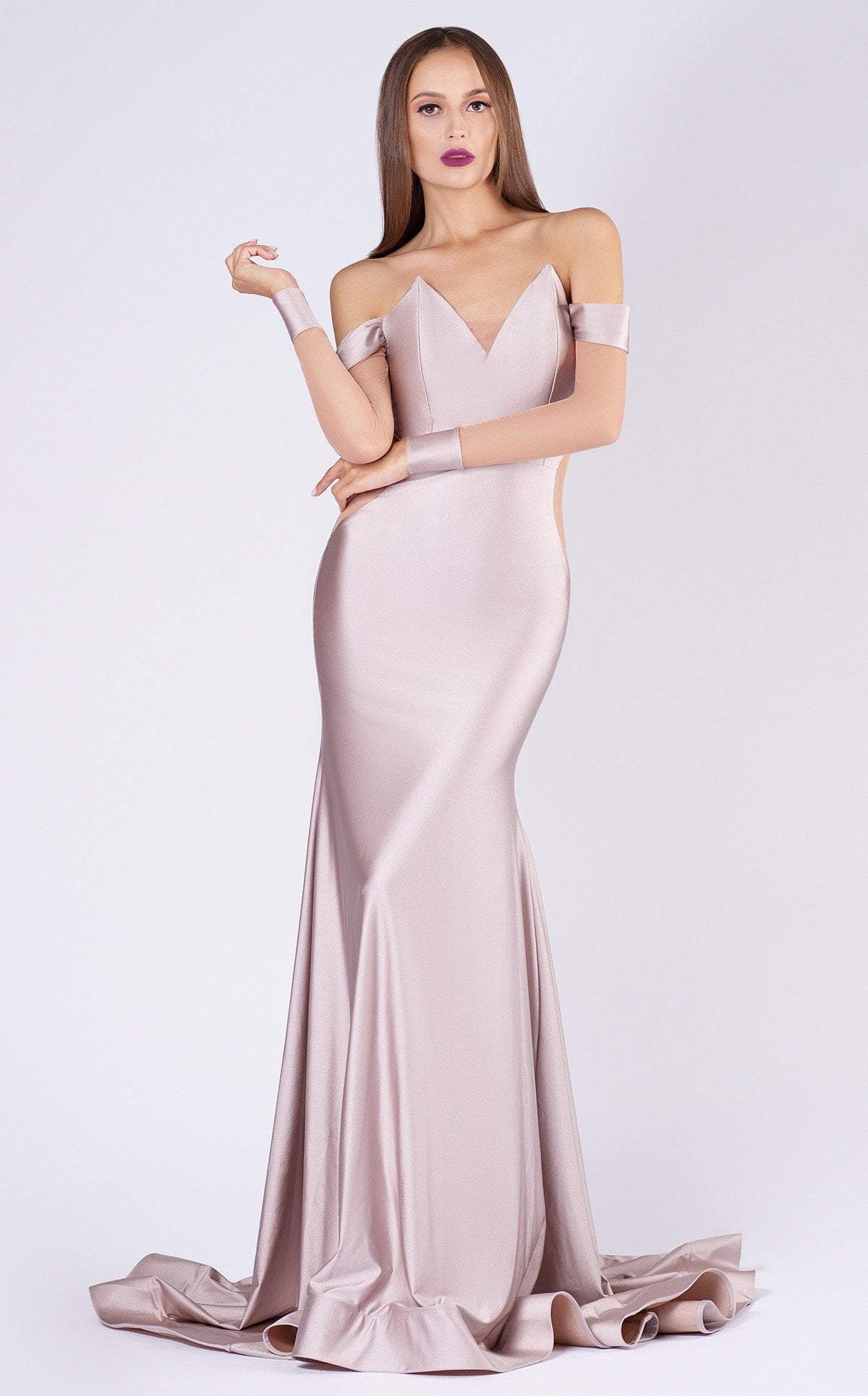 Image of MNM Couture - L0044S V Neckline Illusion Long Sleeves Evening Gown