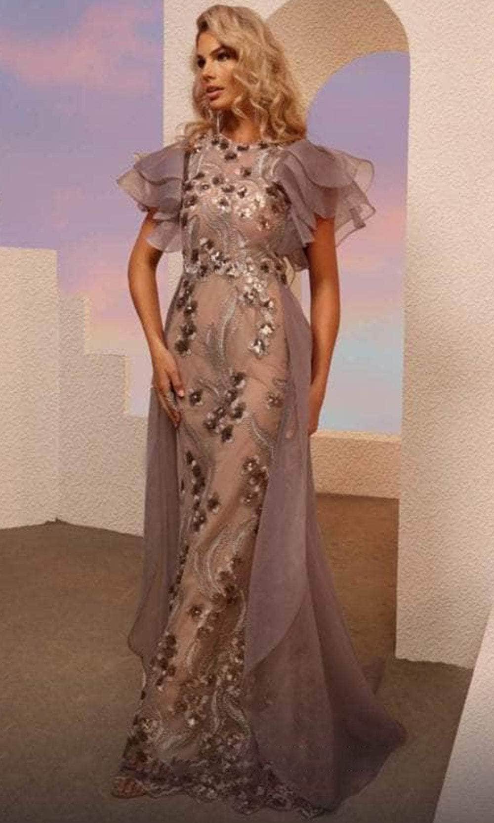 Image of MNM Couture M0101 - Ruffled Short Sleeve Jewel Neck Evening Gown