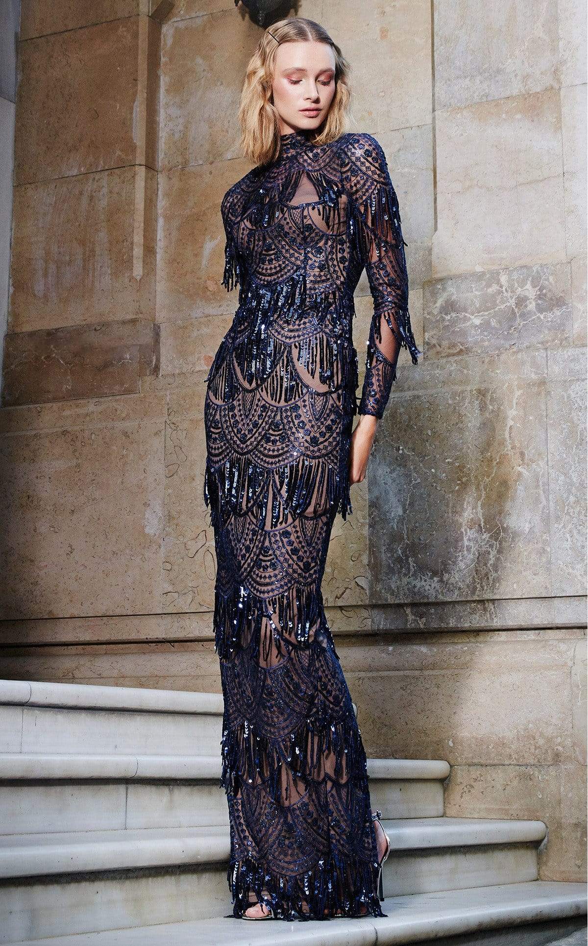 Image of MNM Couture - N0293 Long Sleeve Sequined High Neck Sheath Gown