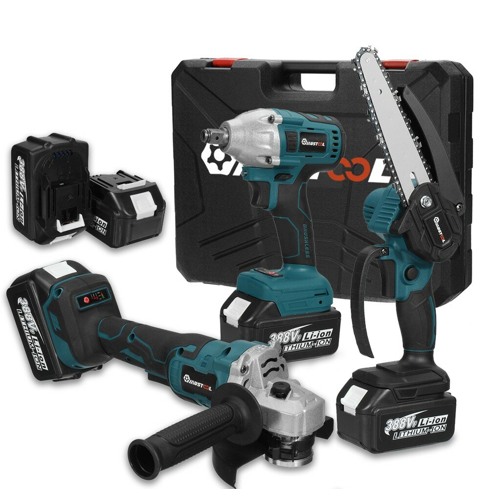 Image of MUSTOOL 10-cell 125mm Angle Grinder + 2-head Electric Wrench + 6-inch Brushed Chainsaw Li-ion Tool Set