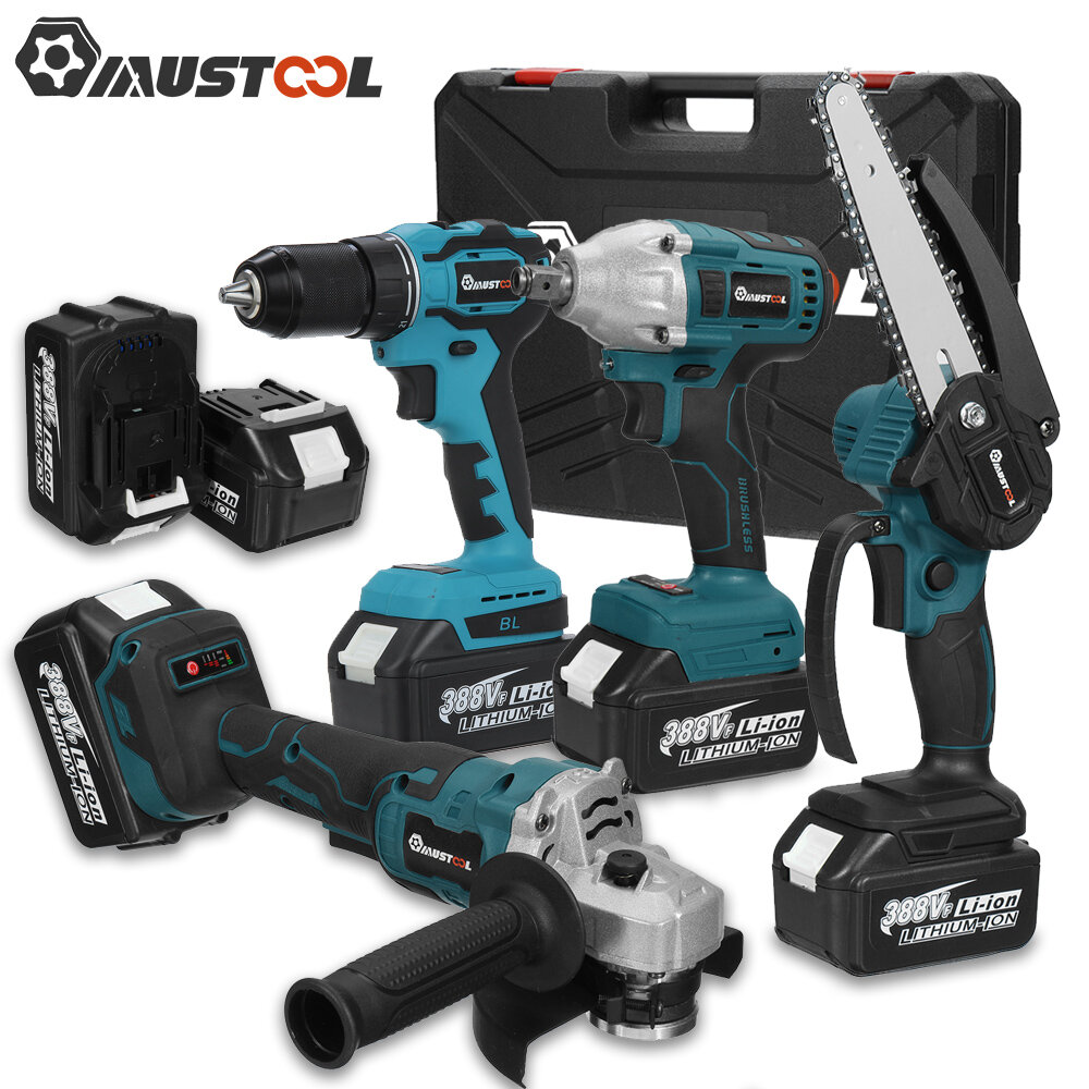 Image of MUSTOOL 10-cell Angle Grinder + 2-head Electric Wrench + 6-inch Brushed Chainsaw + 13mm Electric Drill (without Impact)