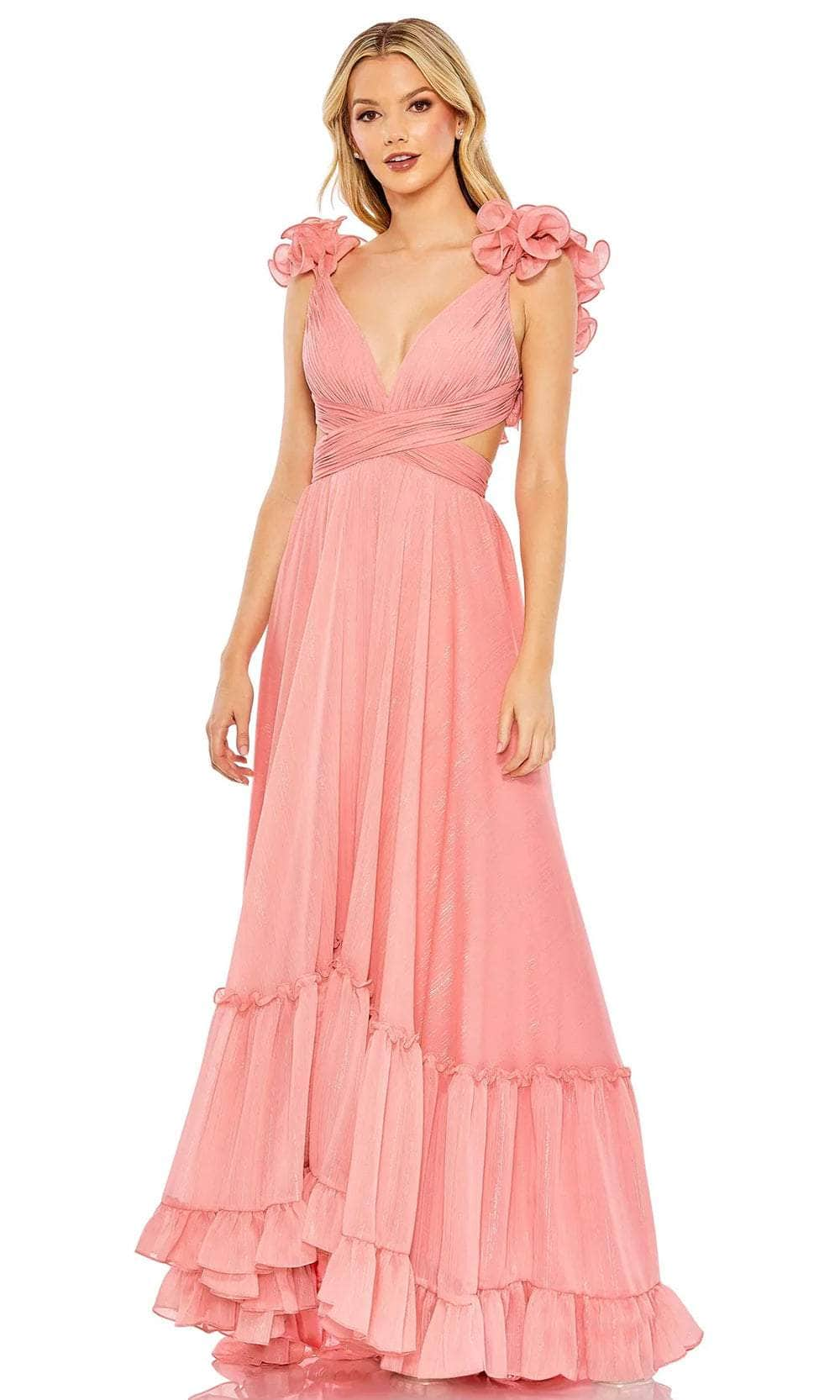 Image of Mac Duggal 68094 - Ruffled Shoulder Flowy Crisscross Dress