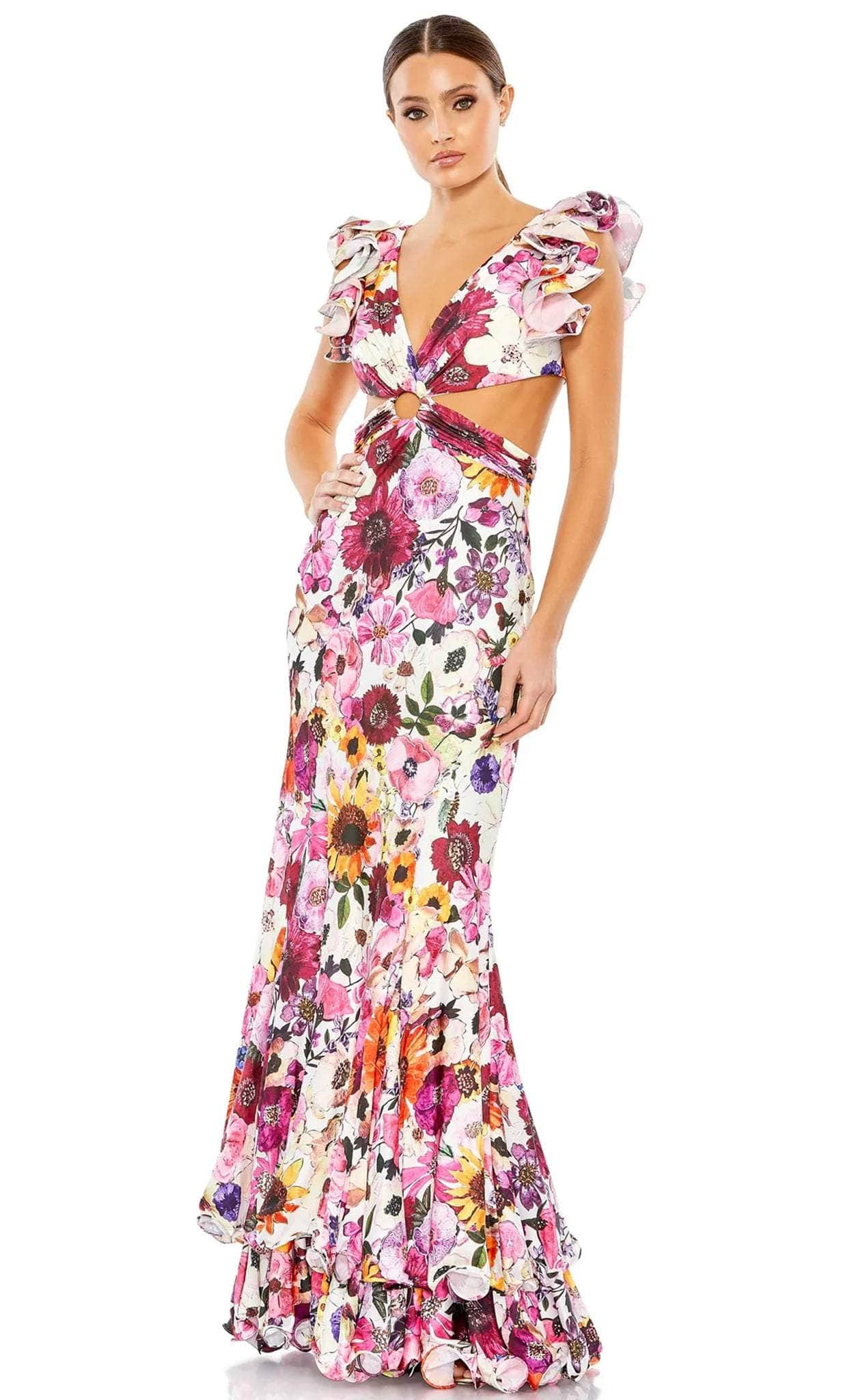 Image of Mac Duggal 68107 - Ruffled Sleeve Floral Printed Dress