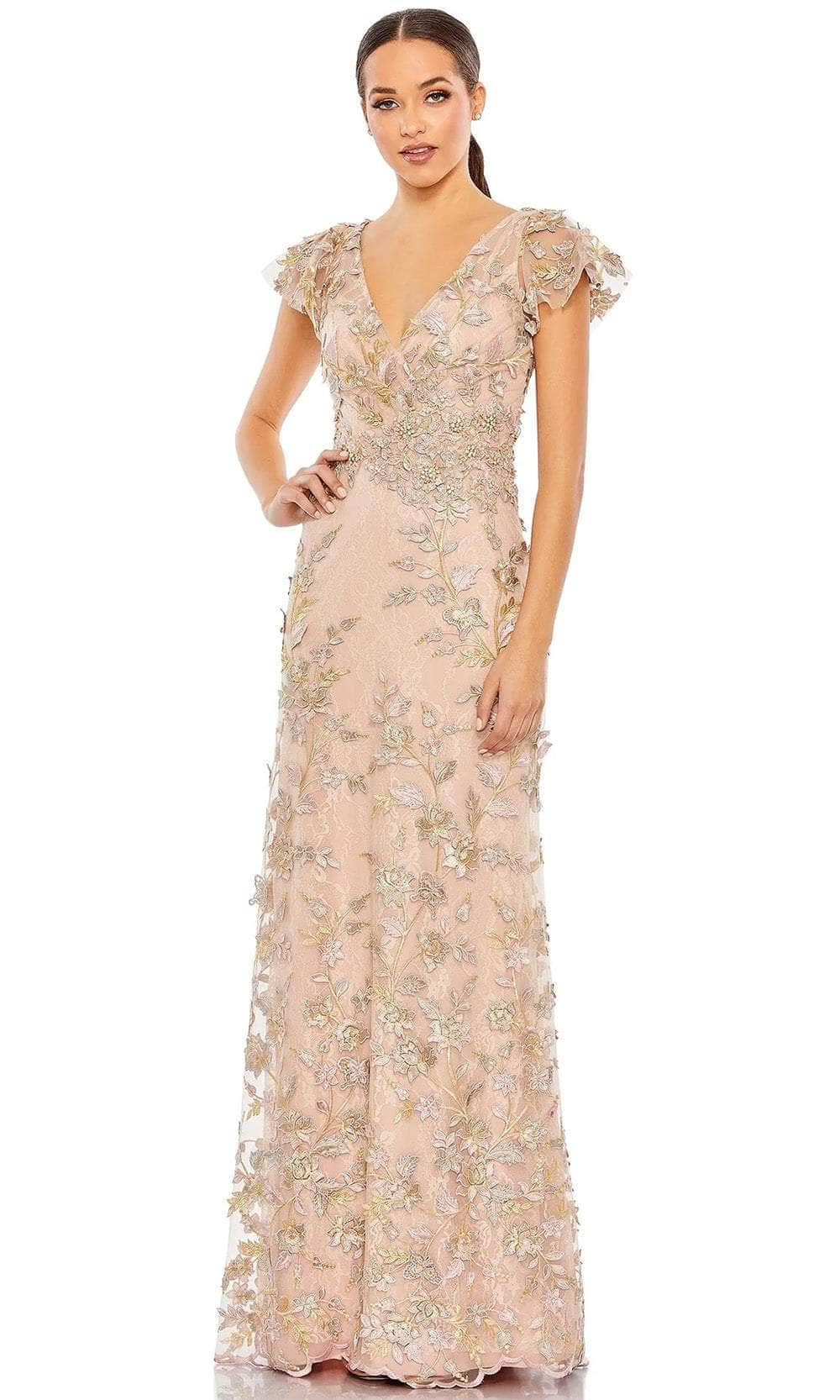 Image of Mac Duggal 68192 - Flutter Sleeve Appliqued Evening Gown