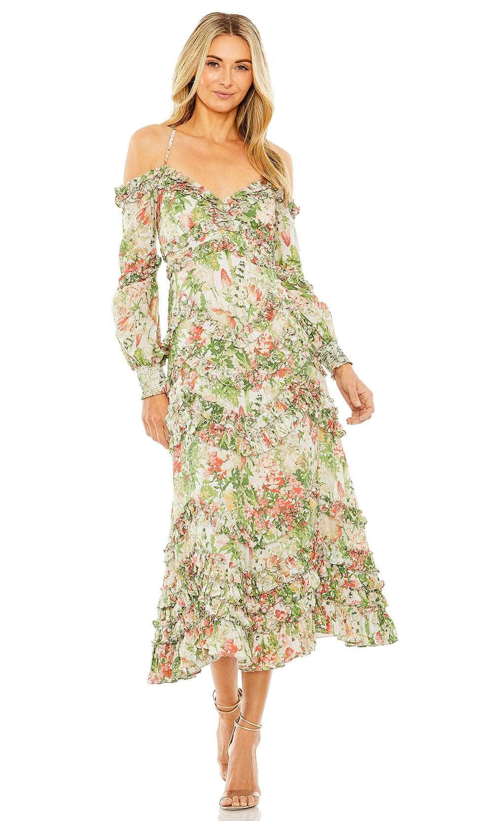 Image of Mac Duggal 8082 - Floral Printed Cold Shoulder Tea-Length Dress