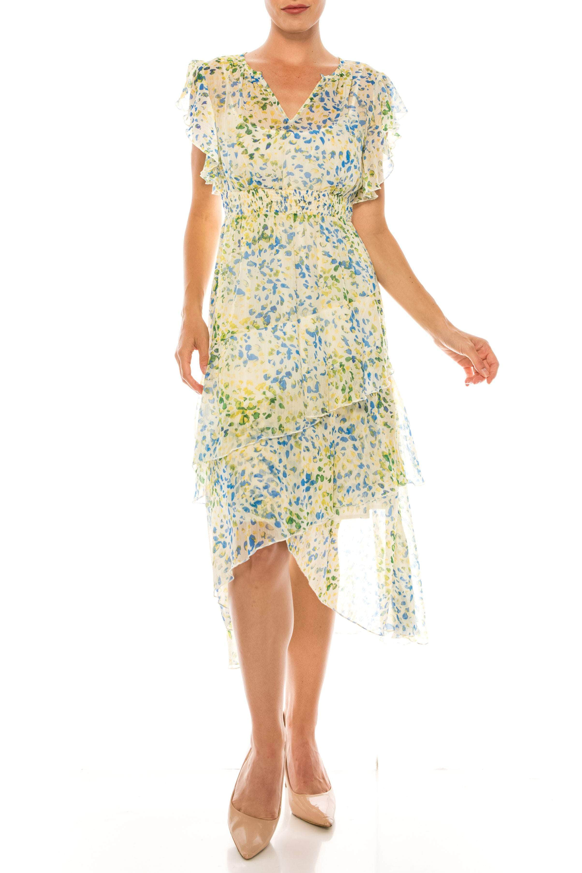 Image of Maggy London G4892M - V-Neck Ruffled Cap Sleeves Casual Dress